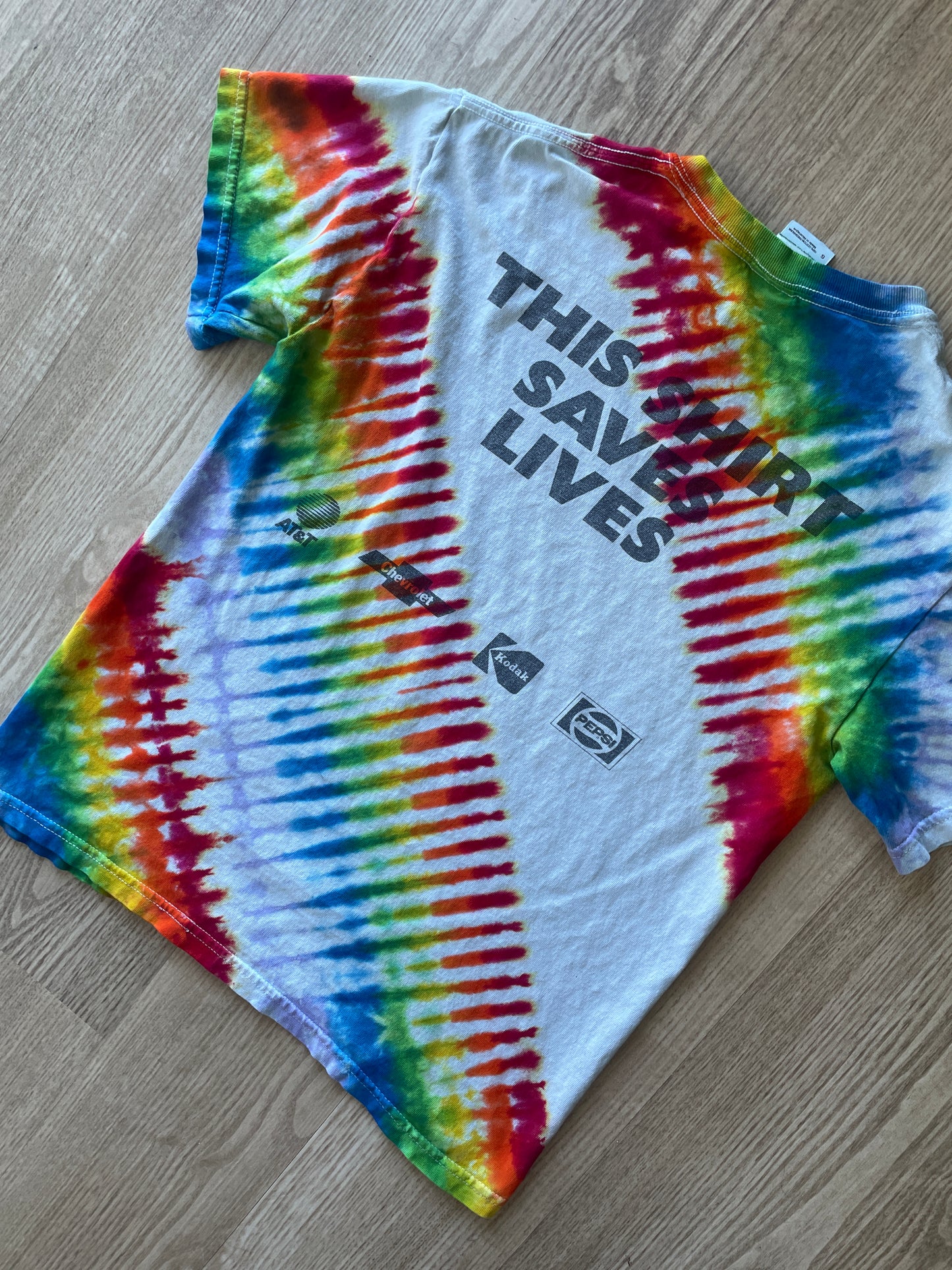 SMALL Men’s Vintage 1995 Live Aid Concert Tie Dye Short Sleeve T-Shirt | One-Of-a-Kind Upcycled Rainbow Pleated Top