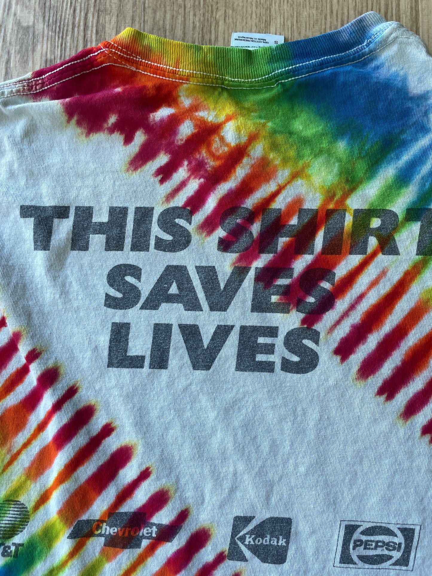 SMALL Men’s Vintage 1995 Live Aid Concert Tie Dye Short Sleeve T-Shirt | One-Of-a-Kind Upcycled Rainbow Pleated Top