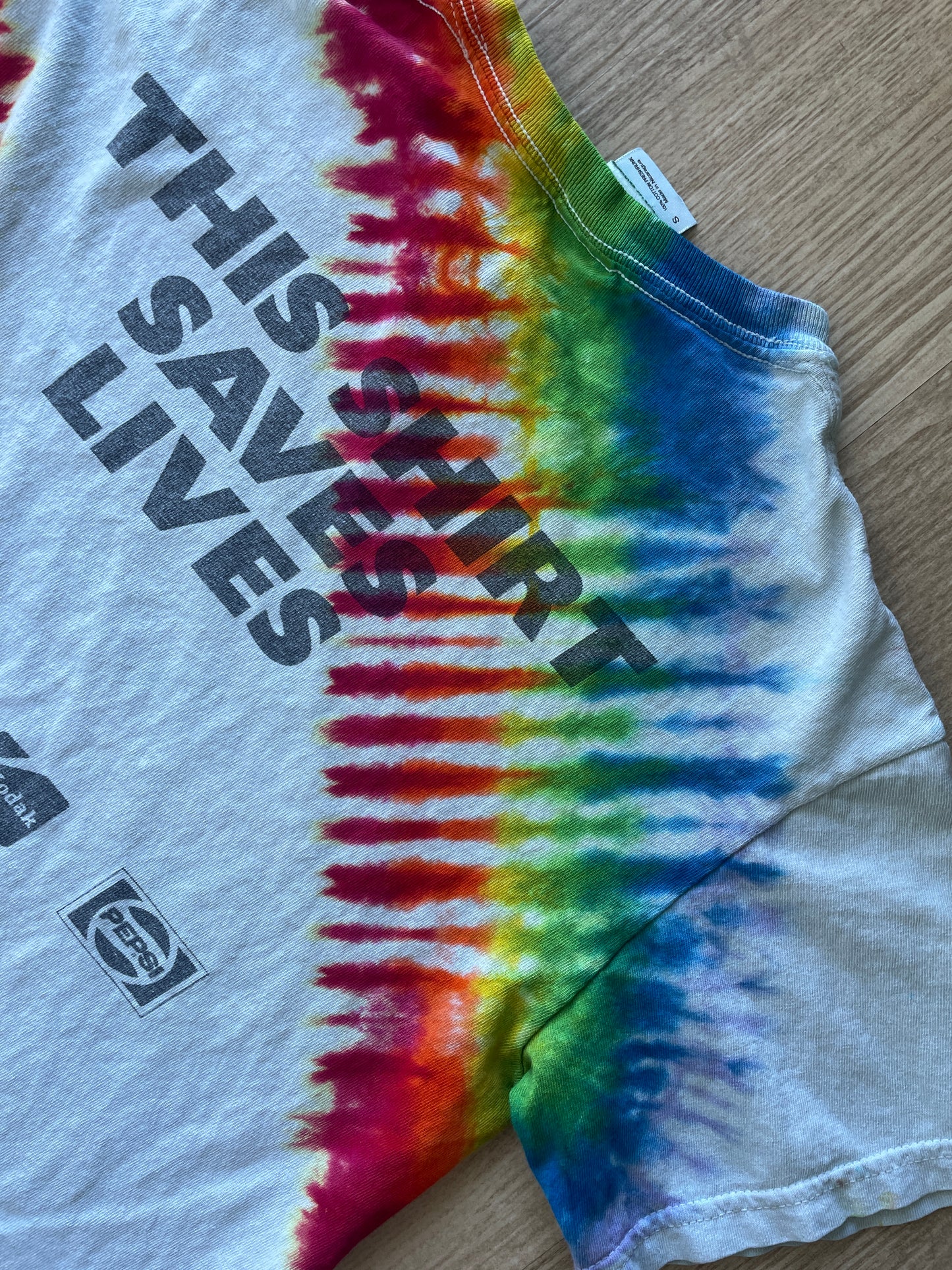 SMALL Men’s Vintage 1995 Live Aid Concert Tie Dye Short Sleeve T-Shirt | One-Of-a-Kind Upcycled Rainbow Pleated Top