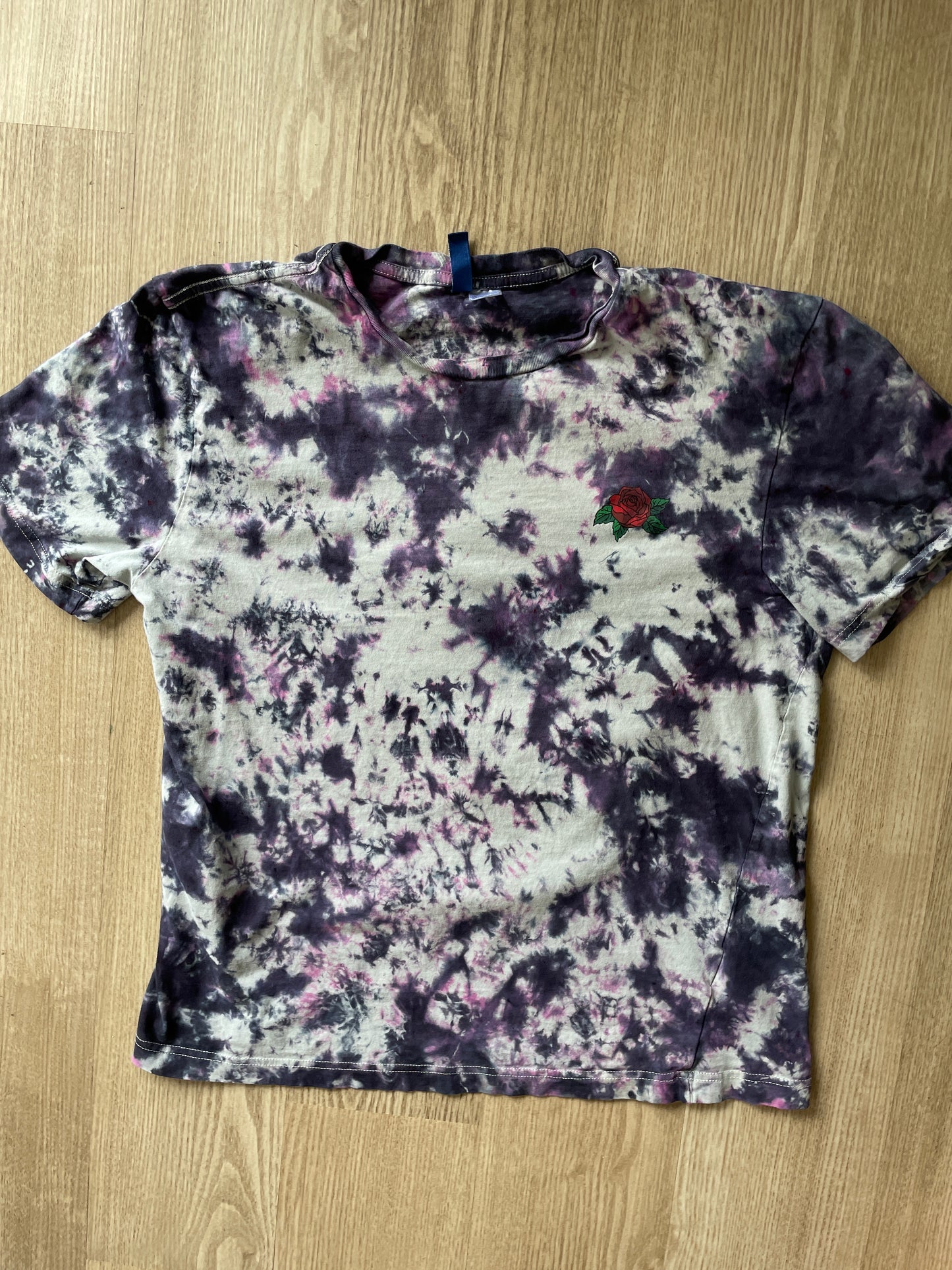 MEDIUM Women’s Snake and Roses Tie Dye Short Sleeve T-Shirt | One-Of-a-Kind Upcycled Black, Pink, and White Crumpled Top