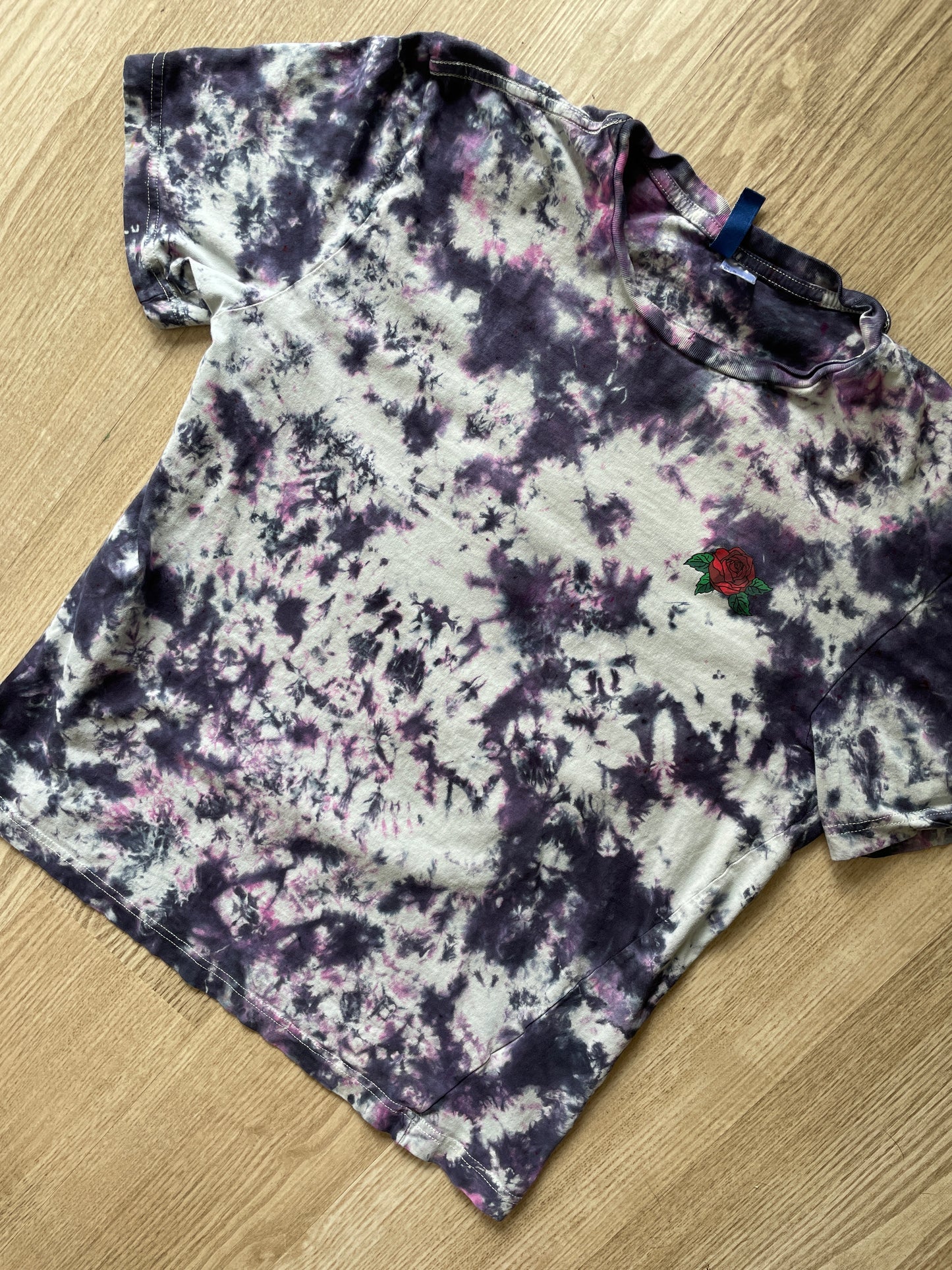 MEDIUM Women’s Snake and Roses Tie Dye Short Sleeve T-Shirt | One-Of-a-Kind Upcycled Black, Pink, and White Crumpled Top