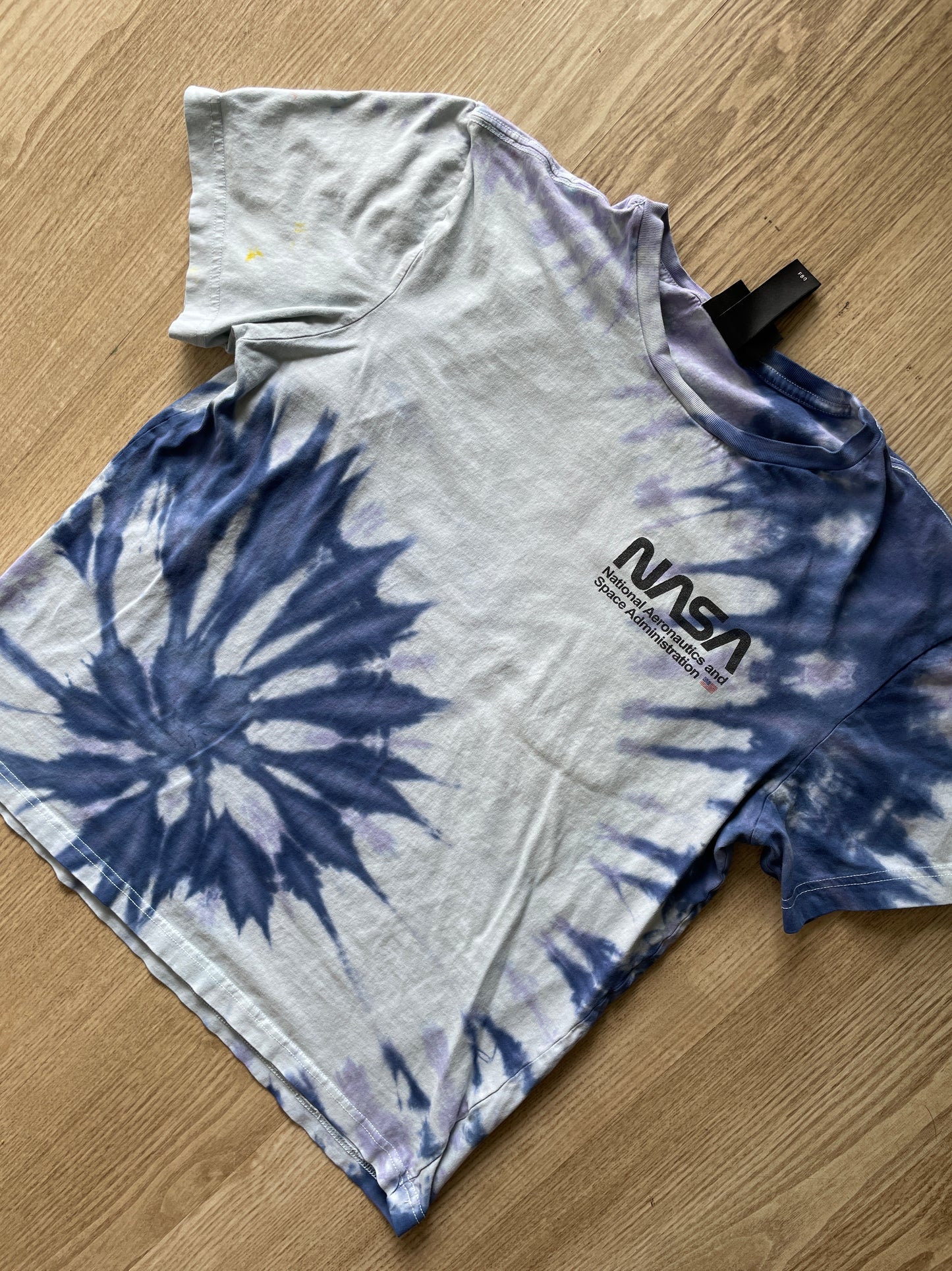 MEDIUM Men’s NASA USA Flag Handmade Tie Dye T-Shirt | One-of-a-Kind Purple and Blue Spiral Short Sleeve Top