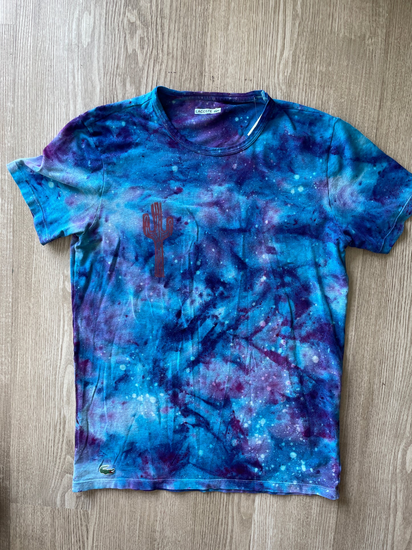 MEDIUM Men's Saguaro Cactus Galaxy Tie Dye T-Shirt | One-Of-a-Kind Blue and Purple Crumpled Short Sleeve