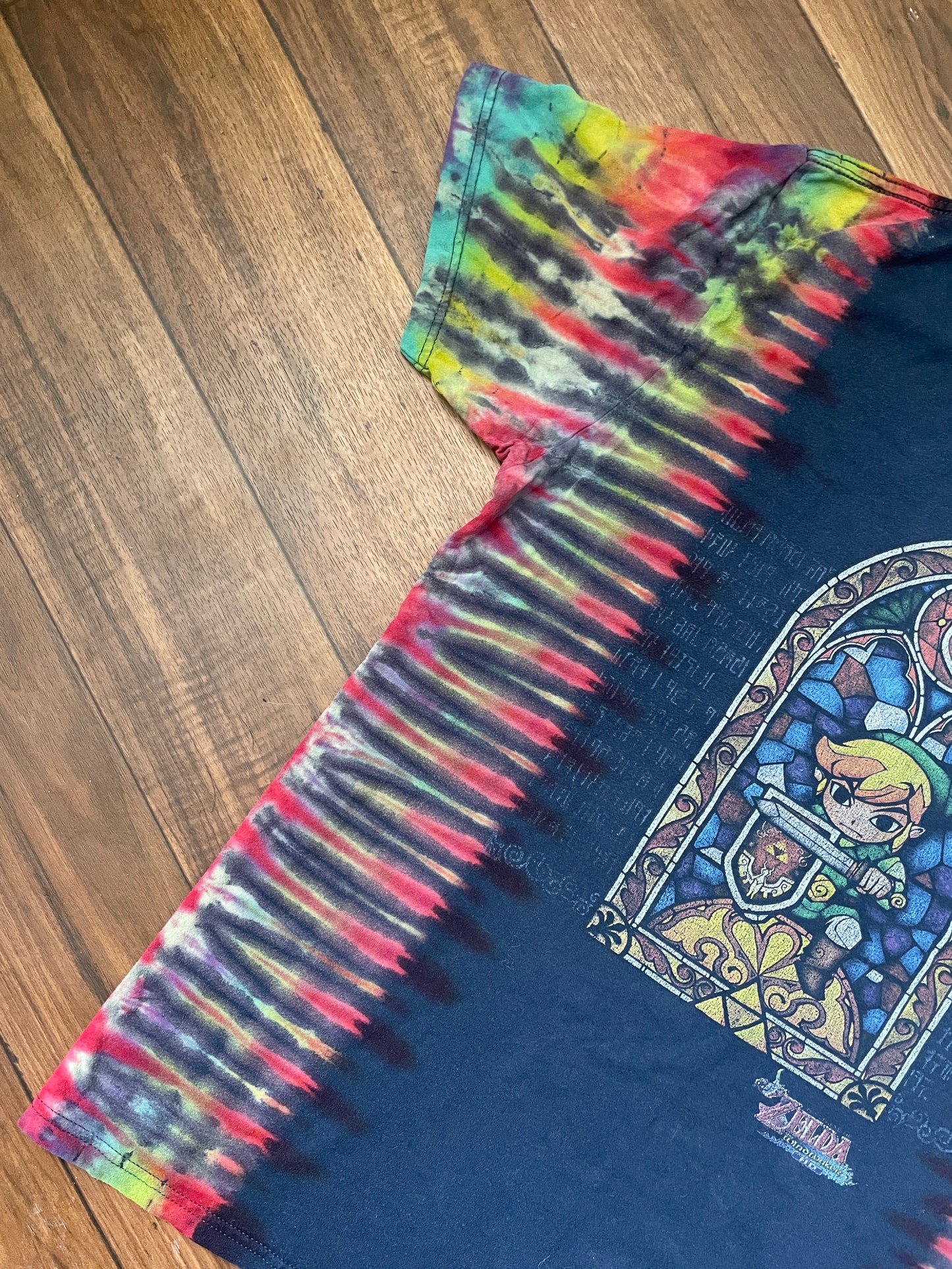 Medium Men's Legend of Zelda Handmade Tie Dye Short Sleeve T-Shirt | One-Of-a-Kind Upcycled Navy Blue Pleated Top
