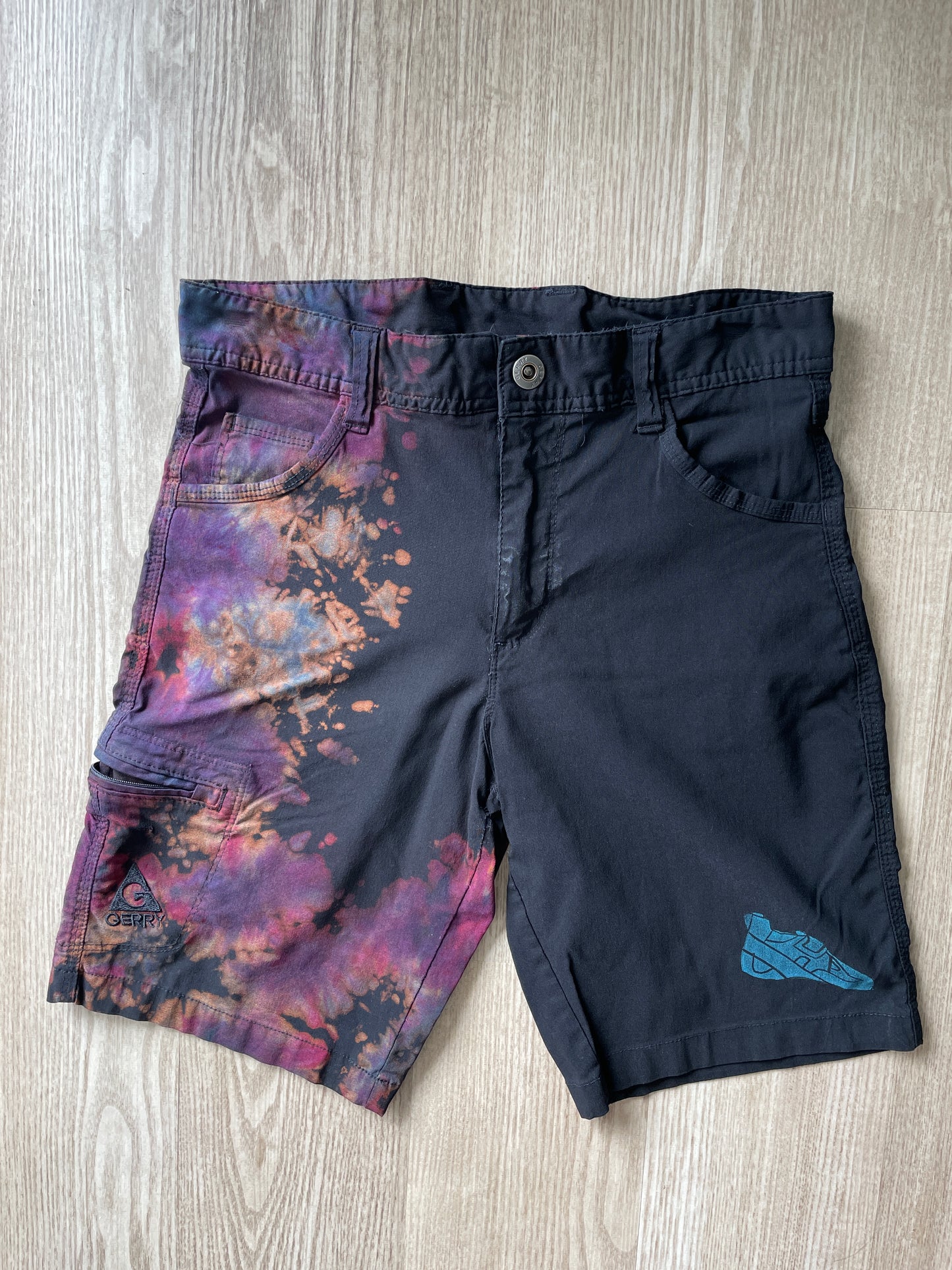 Men’s Size 30 Gerry Tie Dye Shorts | One-Of-a-Kind Upcycled Black and Pink Crumpled Climbing Shorts