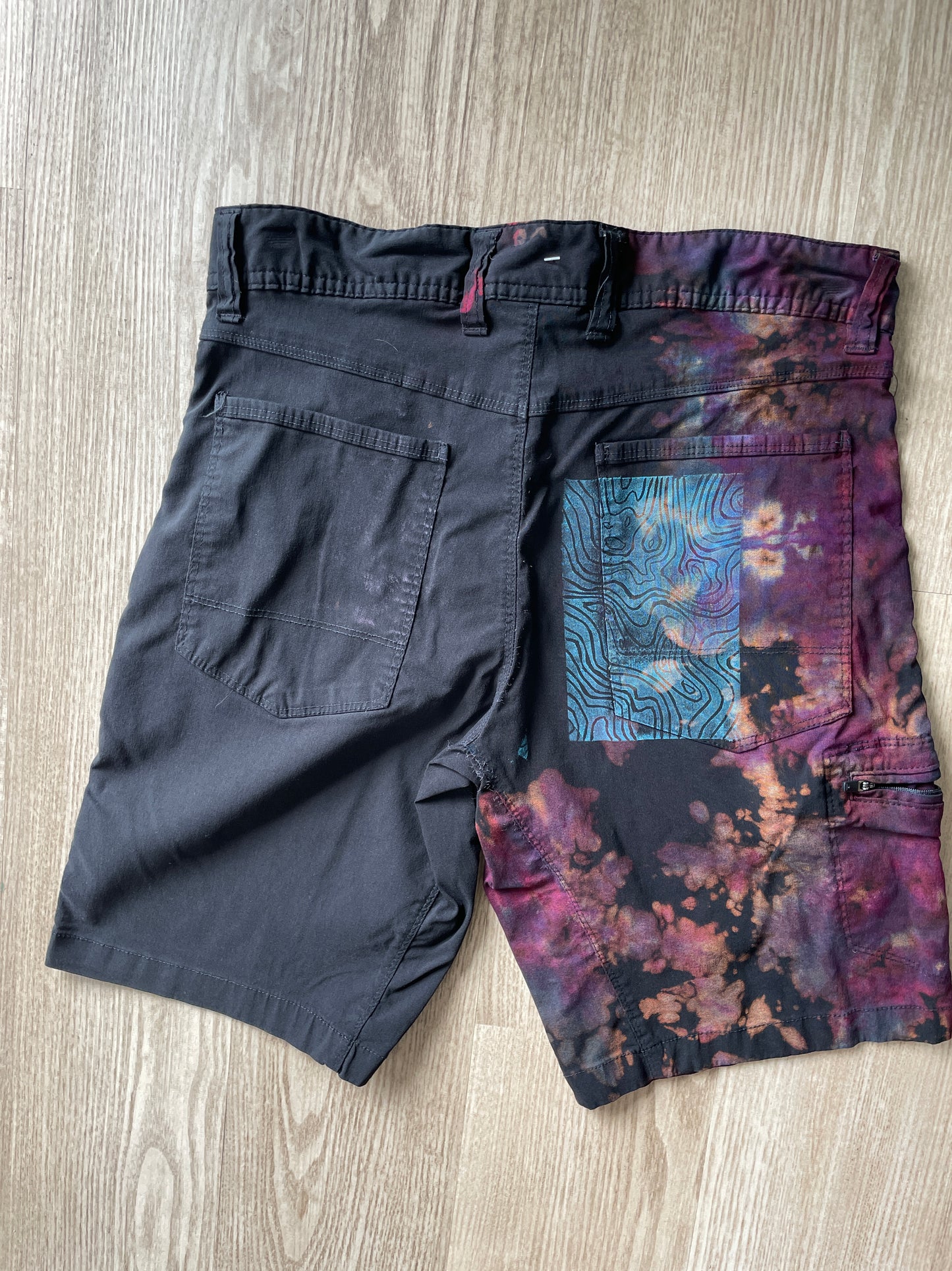 Men’s Size 30 Gerry Tie Dye Shorts | One-Of-a-Kind Upcycled Black and Pink Crumpled Climbing Shorts