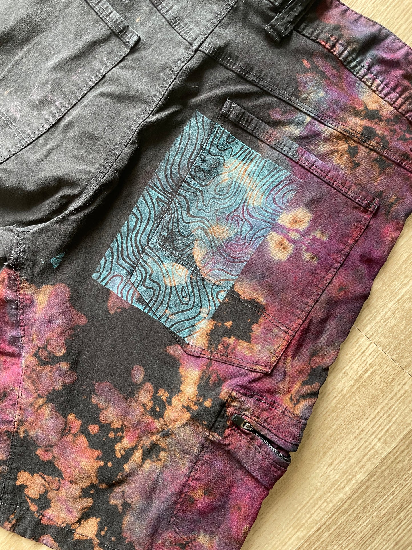 Men’s Size 30 Gerry Tie Dye Shorts | One-Of-a-Kind Upcycled Black and Pink Crumpled Climbing Shorts