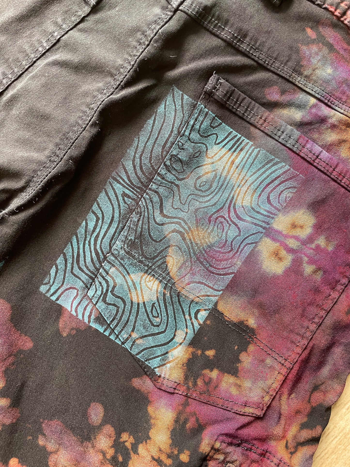 Men’s Size 30 Gerry Tie Dye Shorts | One-Of-a-Kind Upcycled Black and Pink Crumpled Climbing Shorts