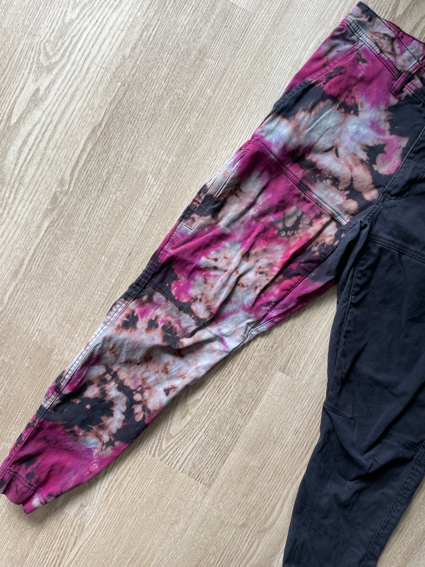 Men’s Size 30 tentree In Motion Tie Dye Jogger Pants | One-Of-a-Kind Upcycled Black and Pink Crumpled Climbing Pants