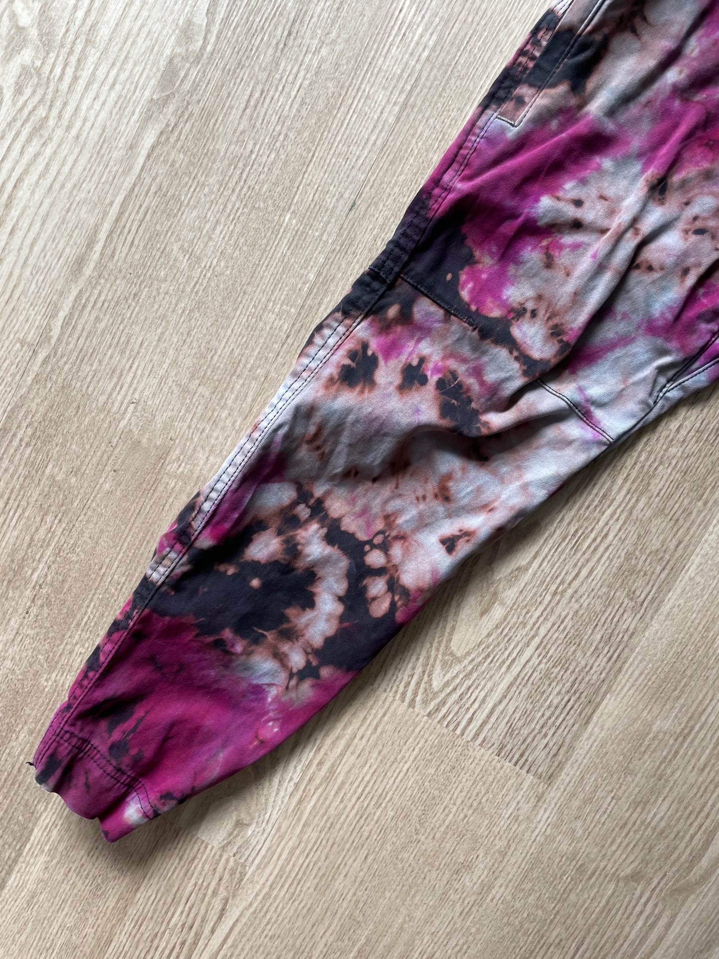 Men’s Size 30 tentree In Motion Tie Dye Jogger Pants | One-Of-a-Kind Upcycled Black and Pink Crumpled Climbing Pants