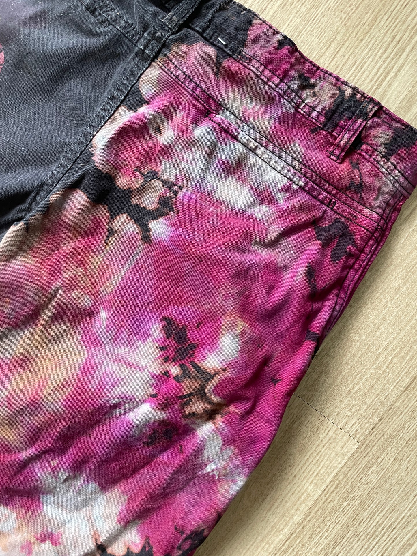 Men’s Size 30 tentree In Motion Tie Dye Jogger Pants | One-Of-a-Kind Upcycled Black and Pink Crumpled Climbing Pants