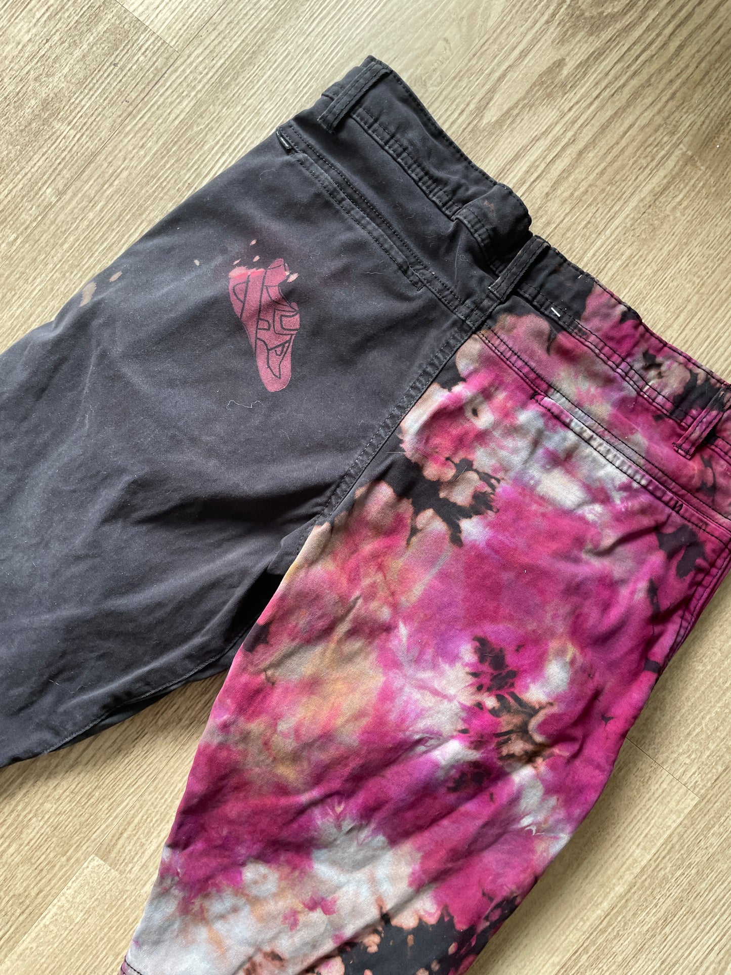 Men’s Size 30 tentree In Motion Tie Dye Jogger Pants | One-Of-a-Kind Upcycled Black and Pink Crumpled Climbing Pants