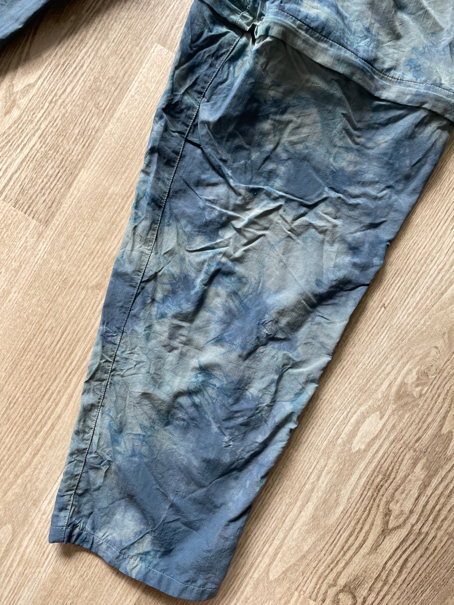 XL Men’s Patagonia Quandary Convertible Tie Dye Pants with Handprinted Graphics | One-Of-a-Kind Upcycled Blue and Gray Crumpled Pant/Short Combo