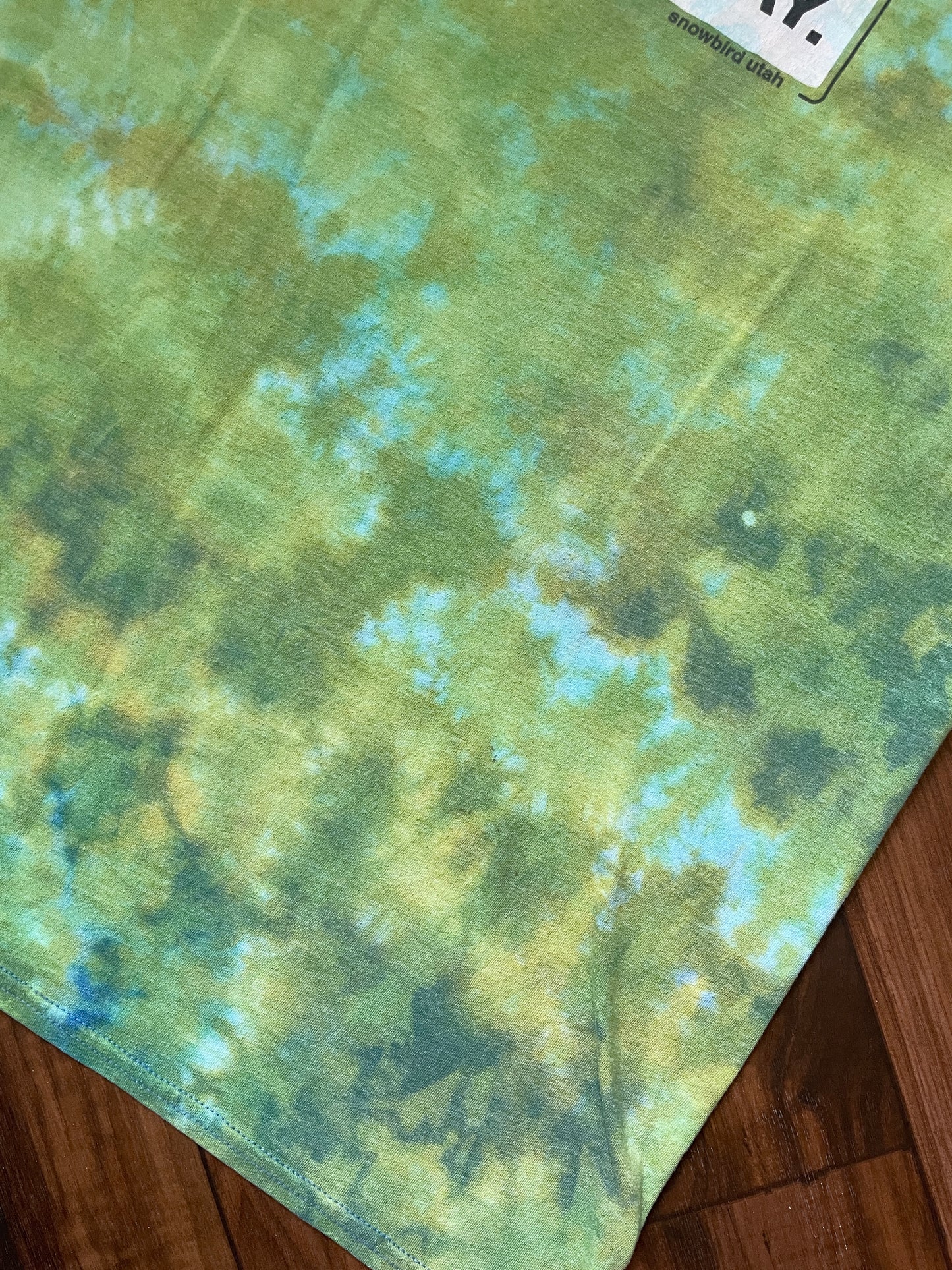 Large Men's Sick Day Snowboarding Handmade Reverse Tie Dye Short Sleeve T-Shirt | One-Of-a-Kind Upcycled Green Crumpled Top