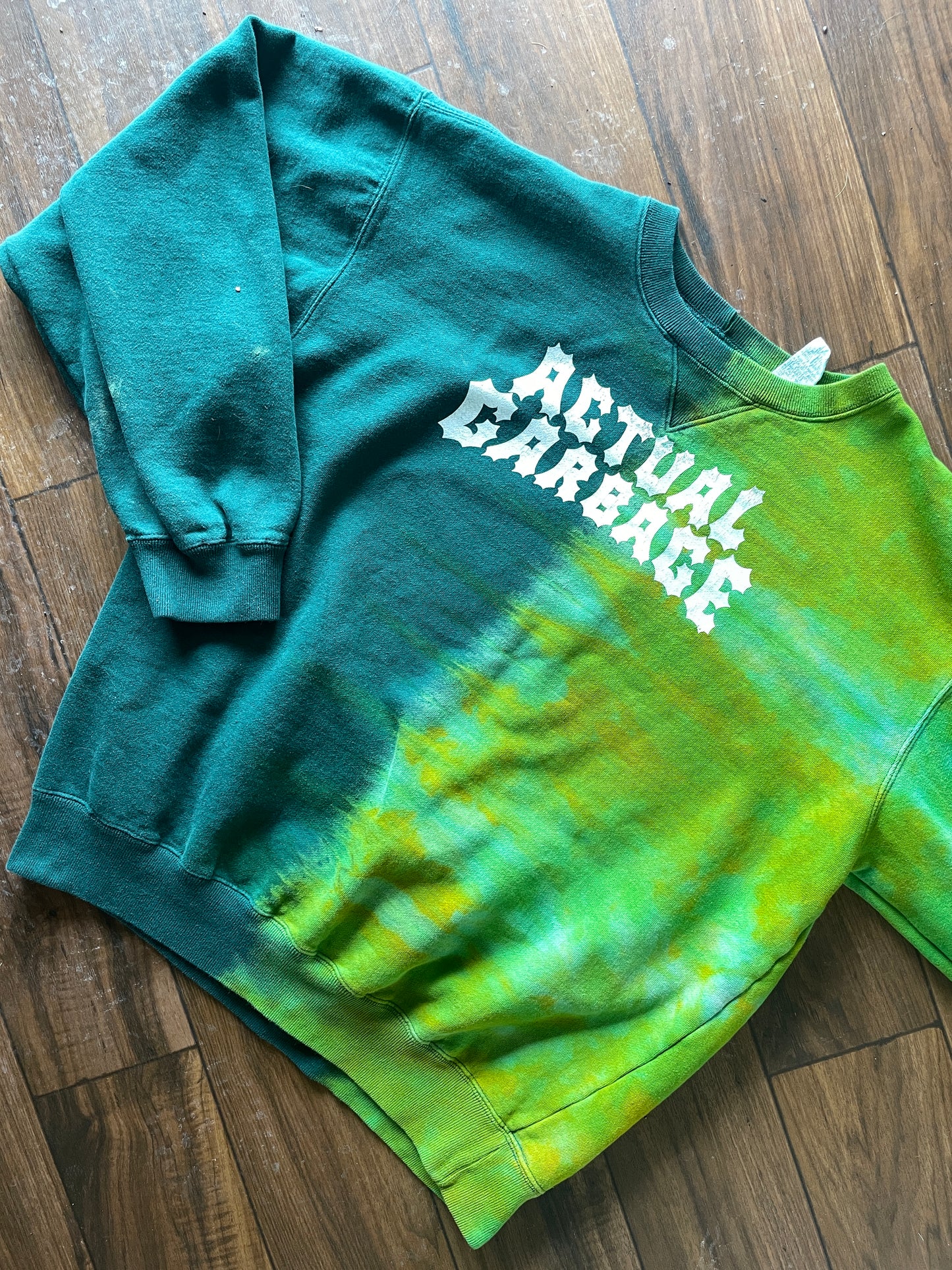 Medium Men's Actual Garbage Reverse Tie Dye Long Sleeve Crewneck Sweatshirt | One-Of-a-Kind Upcycled Green and White Sweatshirt
