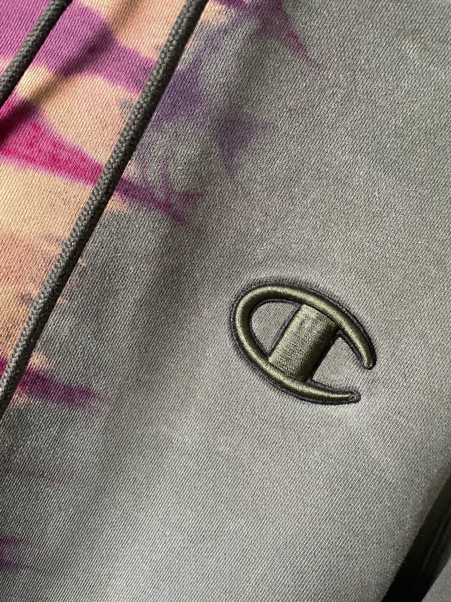 Medium Men's Champion Embroidered Tie Dye Long Sleeve Hoodie | One-Of-a-Kind Upcycled Half and Half Olive Green and Magenta Sweatshirt