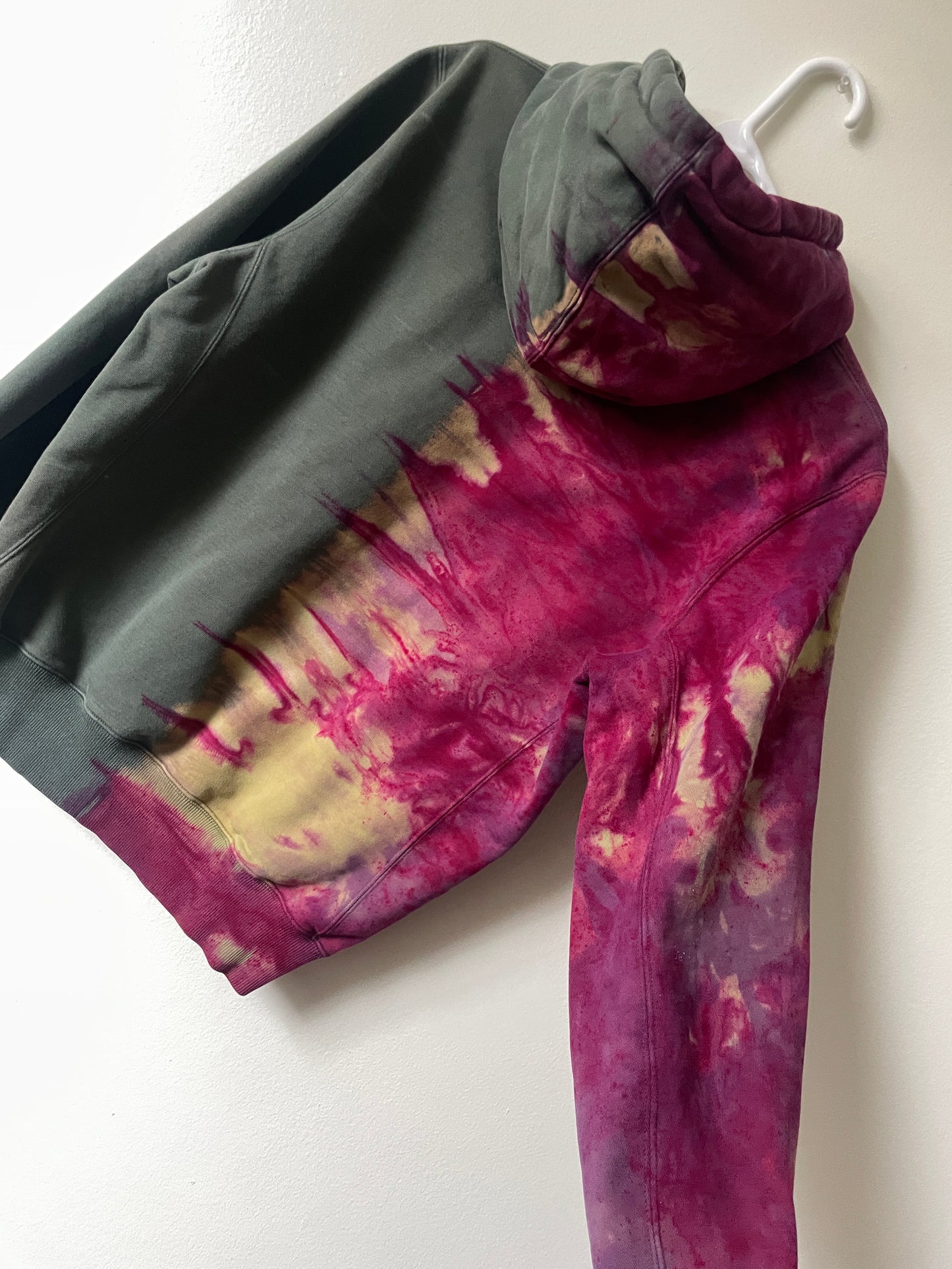 Medium Men's Champion Embroidered Tie Dye Long Sleeve Hoodie | One-Of-a-Kind Upcycled Half and Half Olive Green and Magenta Sweatshirt