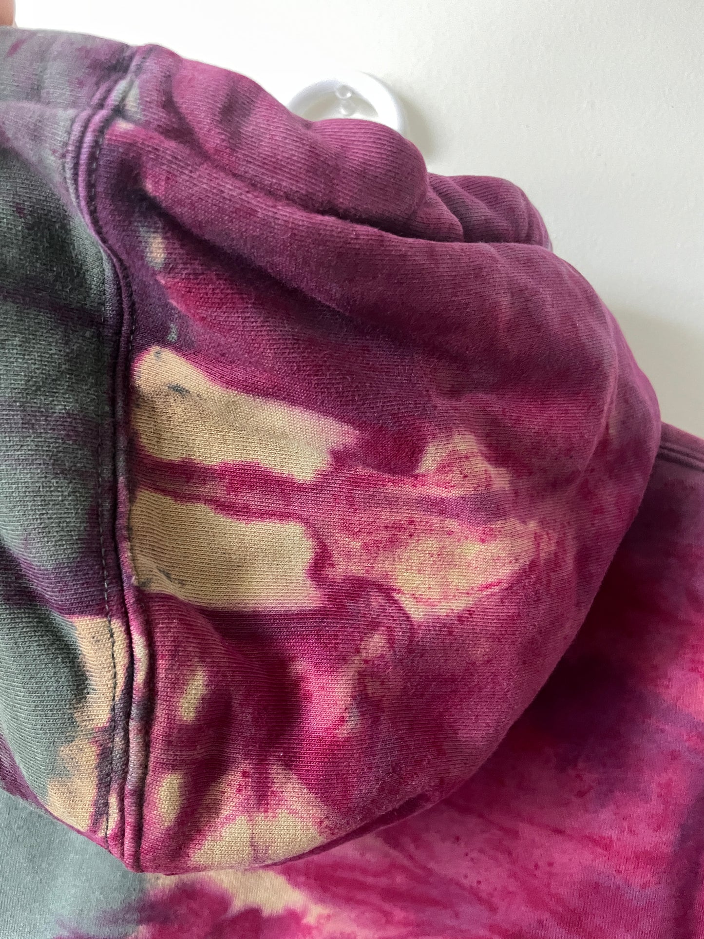 Medium Men's Champion Embroidered Tie Dye Long Sleeve Hoodie | One-Of-a-Kind Upcycled Half and Half Olive Green and Magenta Sweatshirt