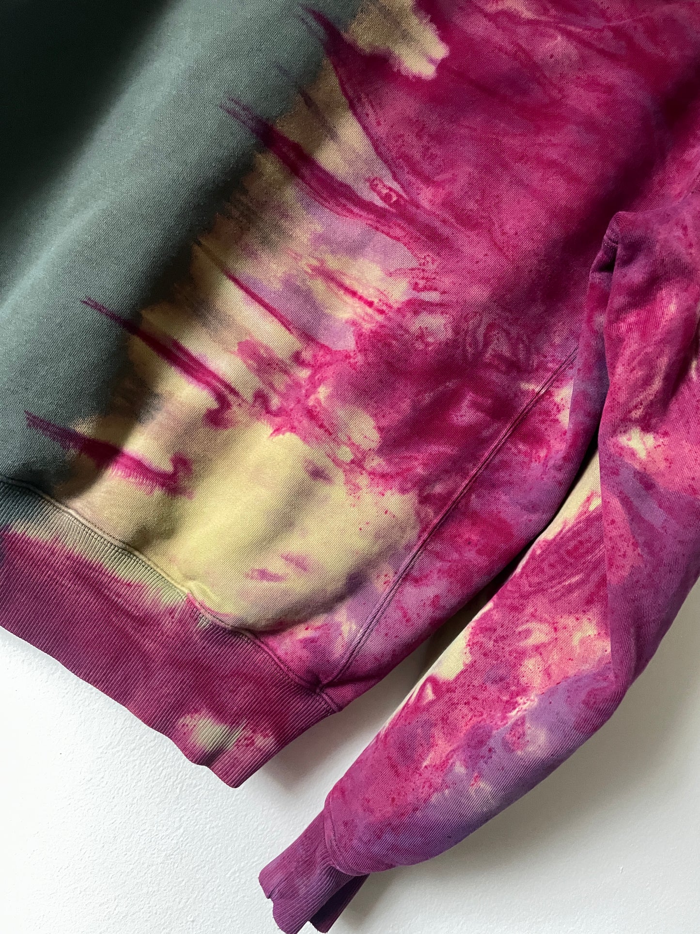 Medium Men's Champion Embroidered Tie Dye Long Sleeve Hoodie | One-Of-a-Kind Upcycled Half and Half Olive Green and Magenta Sweatshirt