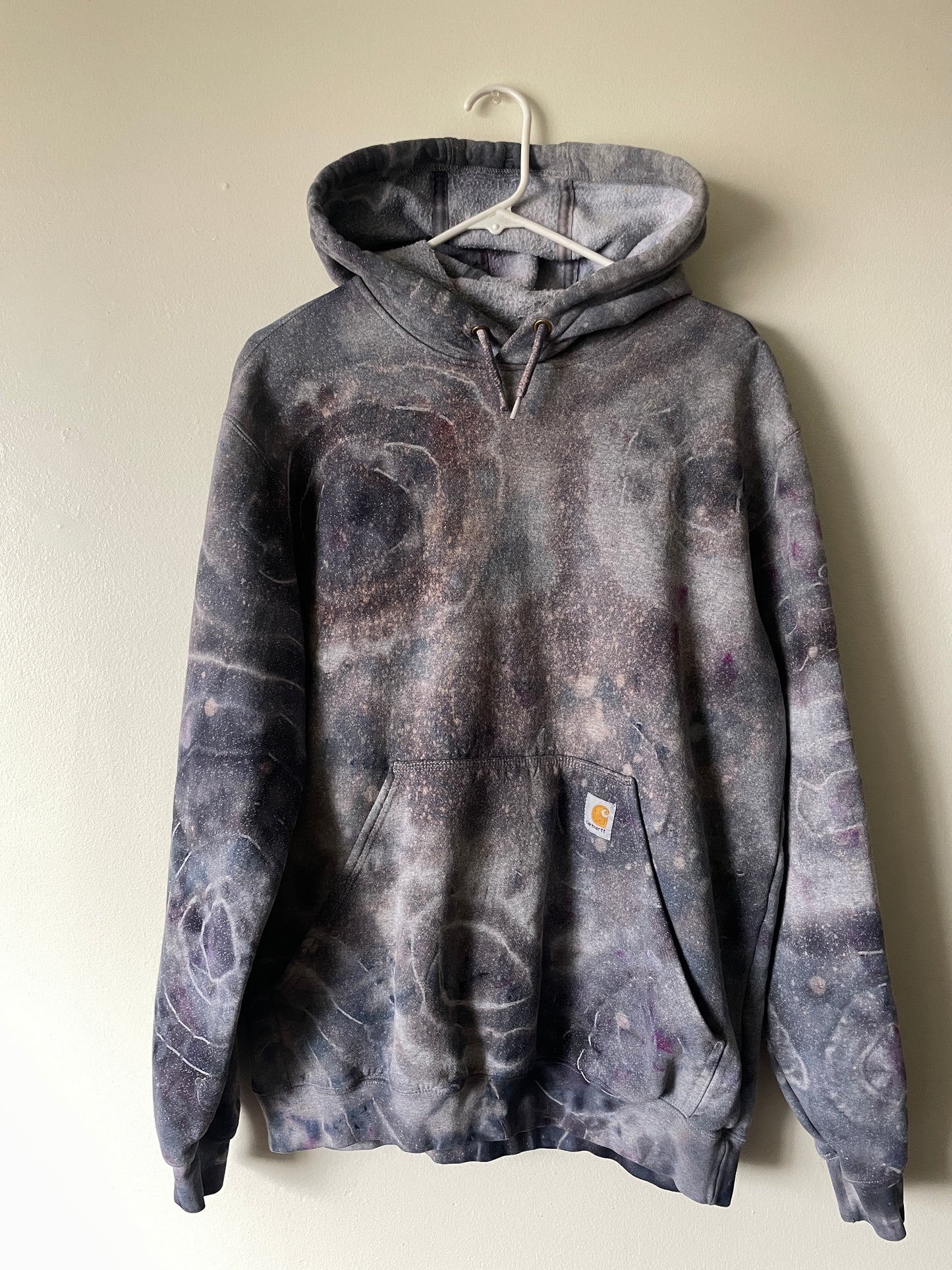 Medium Men's Carhartt Tie Dye Long Sleeve Hoodie | One-Of-a-Kind Upcycled Gray and Black Geode Sweatshirt