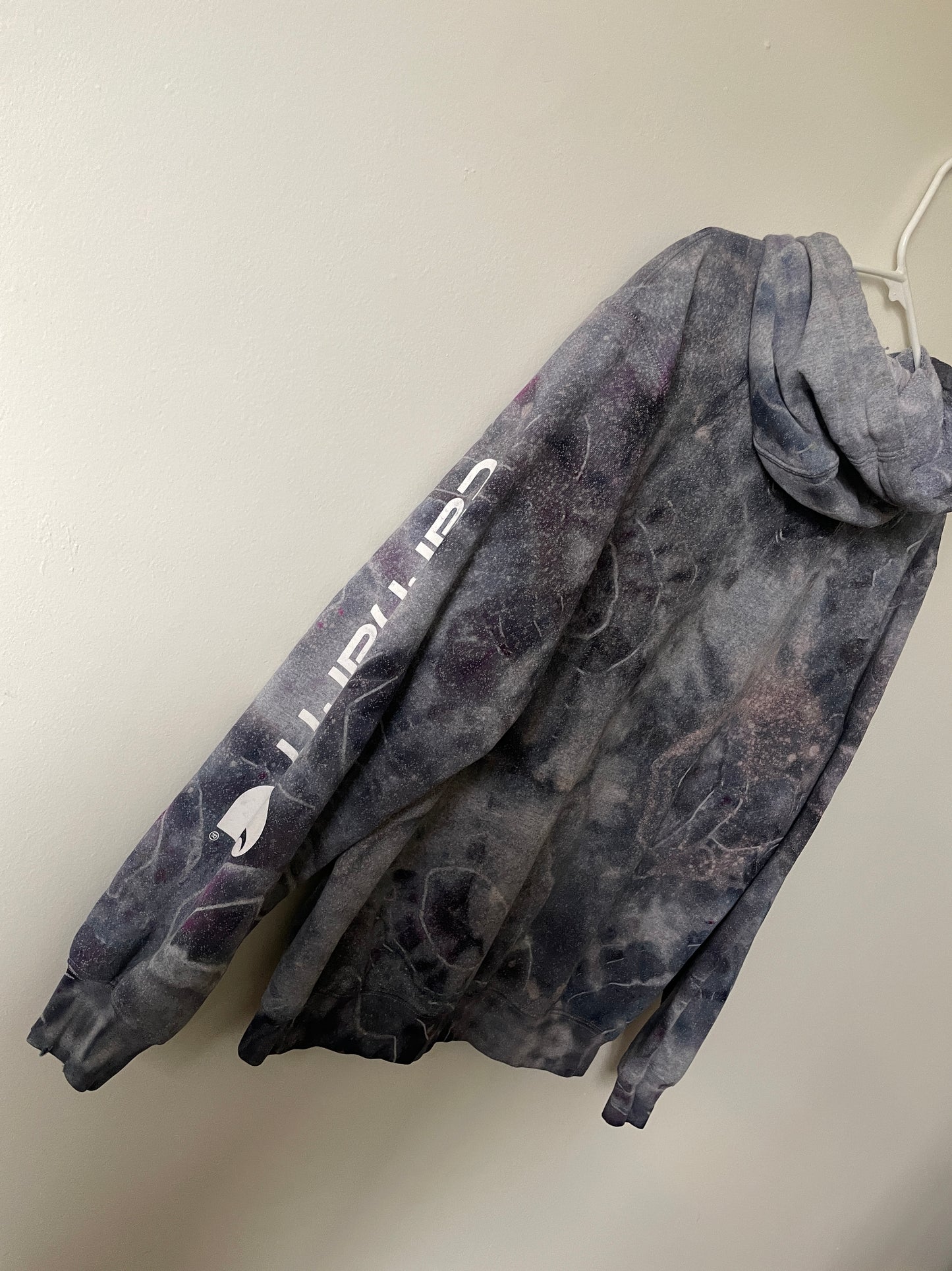 Medium Men's Carhartt Tie Dye Long Sleeve Hoodie | One-Of-a-Kind Upcycled Gray and Black Geode Sweatshirt