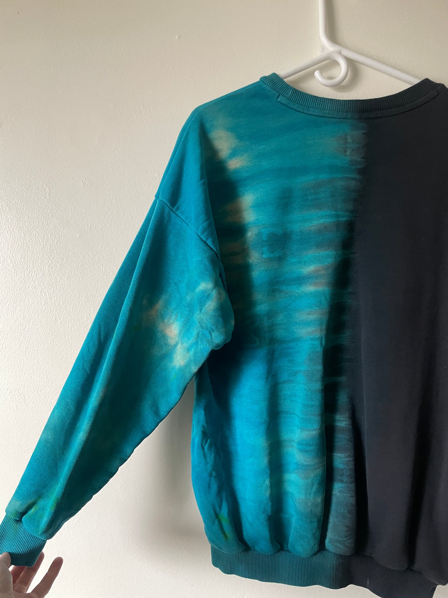 Large Men's adidas Reverse Tie Dye Long Sleeve Crewneck Sweatshirt | One-Of-a-Kind Upcycled Black and Blue Half-and-Half Sweatshirt