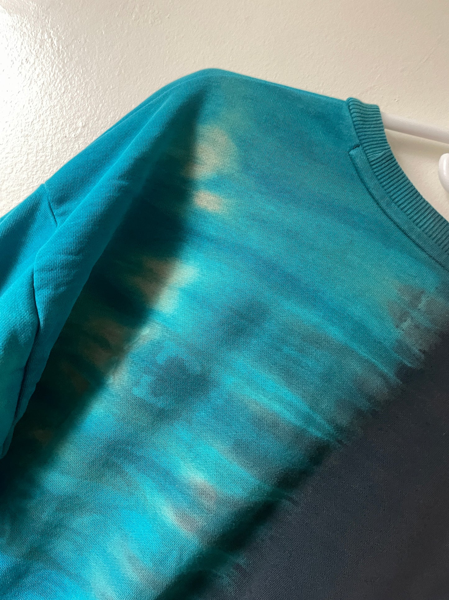 Large Men's adidas Reverse Tie Dye Long Sleeve Crewneck Sweatshirt | One-Of-a-Kind Upcycled Black and Blue Half-and-Half Sweatshirt