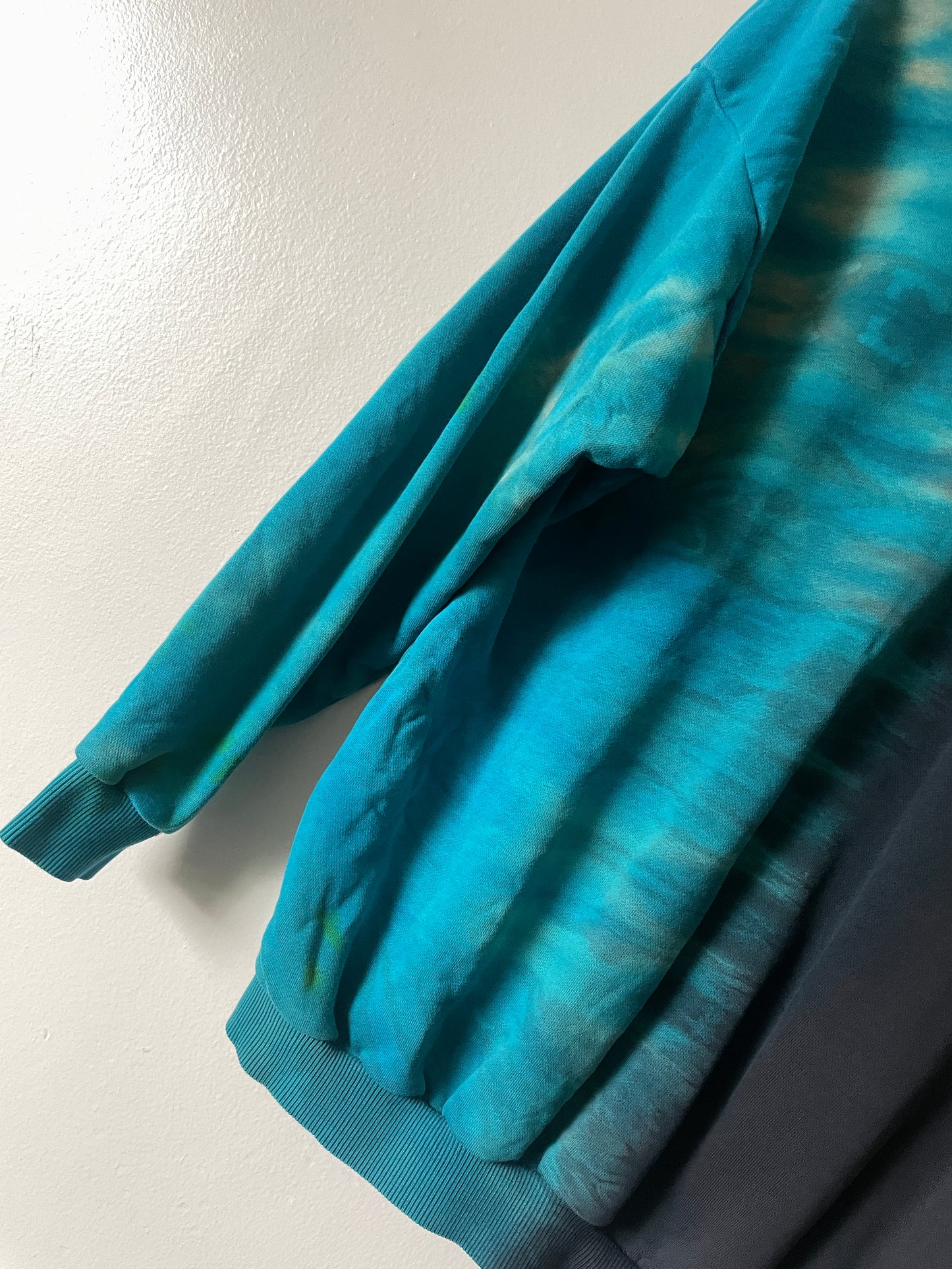 Large Men's adidas Reverse Tie Dye Long Sleeve Crewneck Sweatshirt | One-Of-a-Kind Upcycled Black and Blue Half-and-Half Sweatshirt
