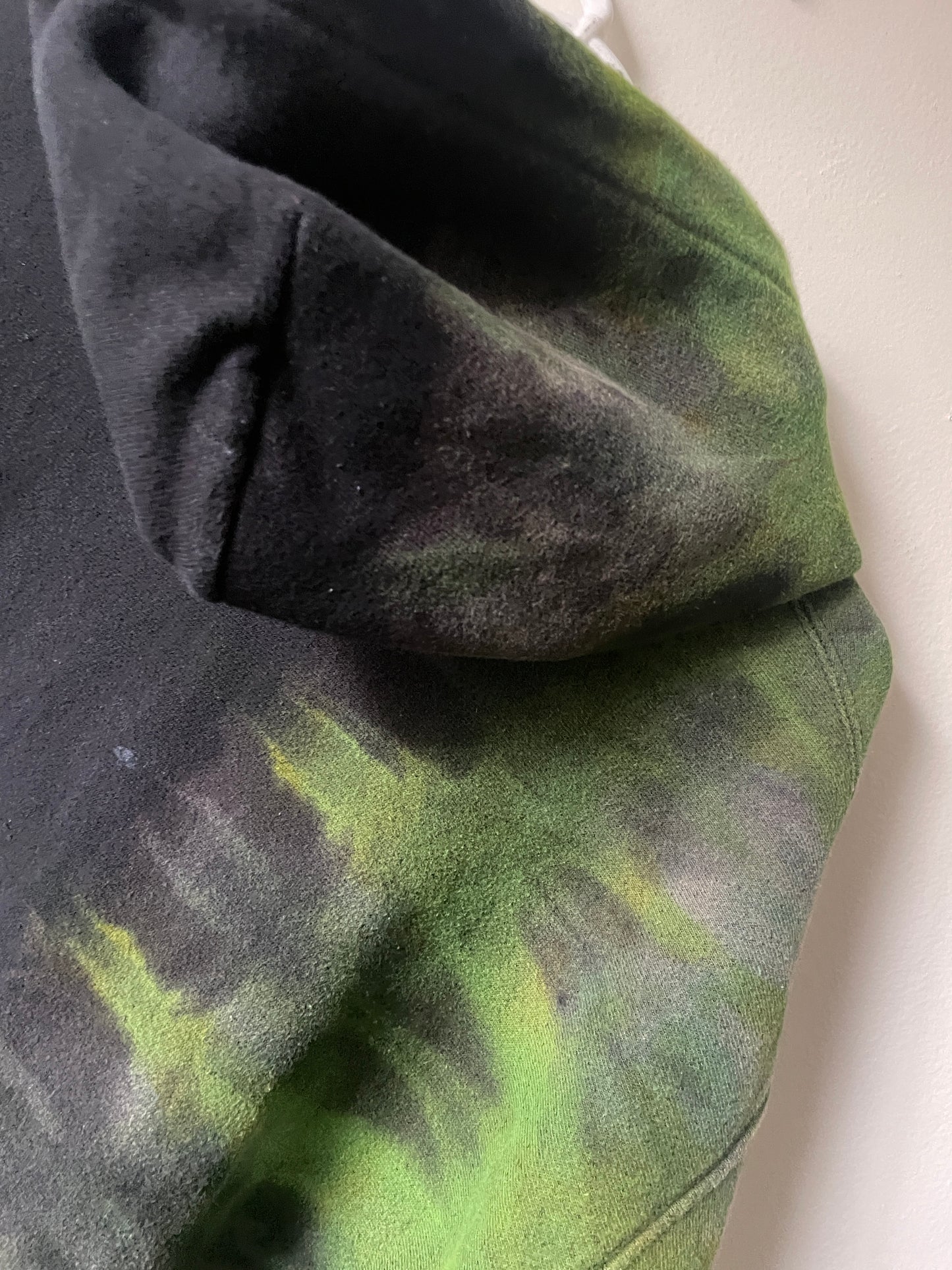 XL Men's Champion Tie Dye Full-Zip Long Sleeve Hoodie | One-Of-a-Kind Upcycled Half and Half Olive Black, Green, and Gold Sweatshirt