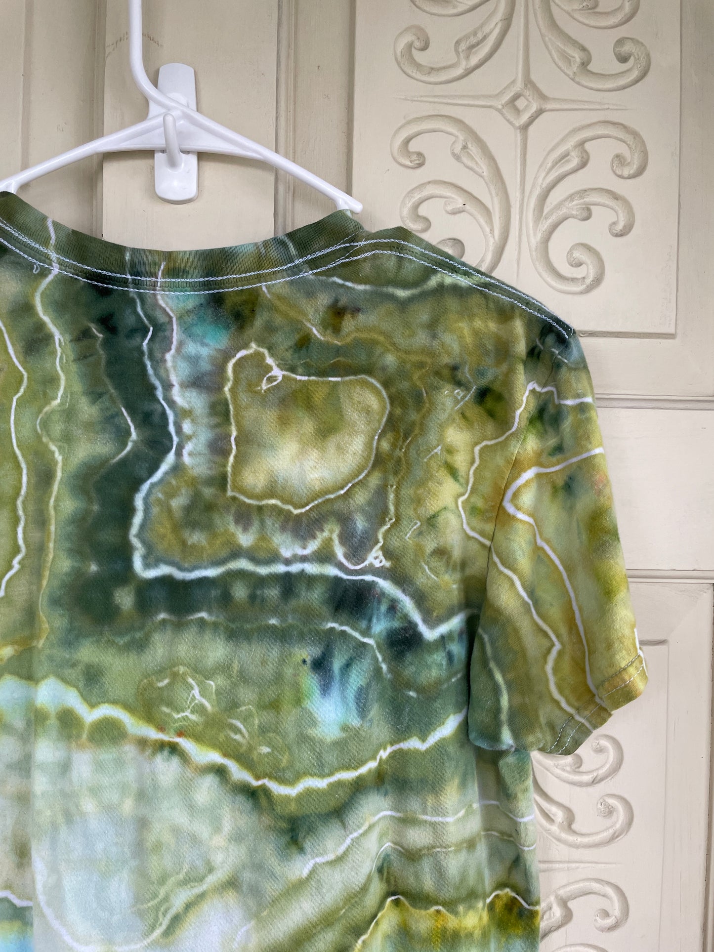 Medium Men's Saguaro Cactus Handmade Geode Tie Dye T-Shirt | One-Of-a-Kind Upcycled Green and White Earth Tones Short Sleeve Shirt