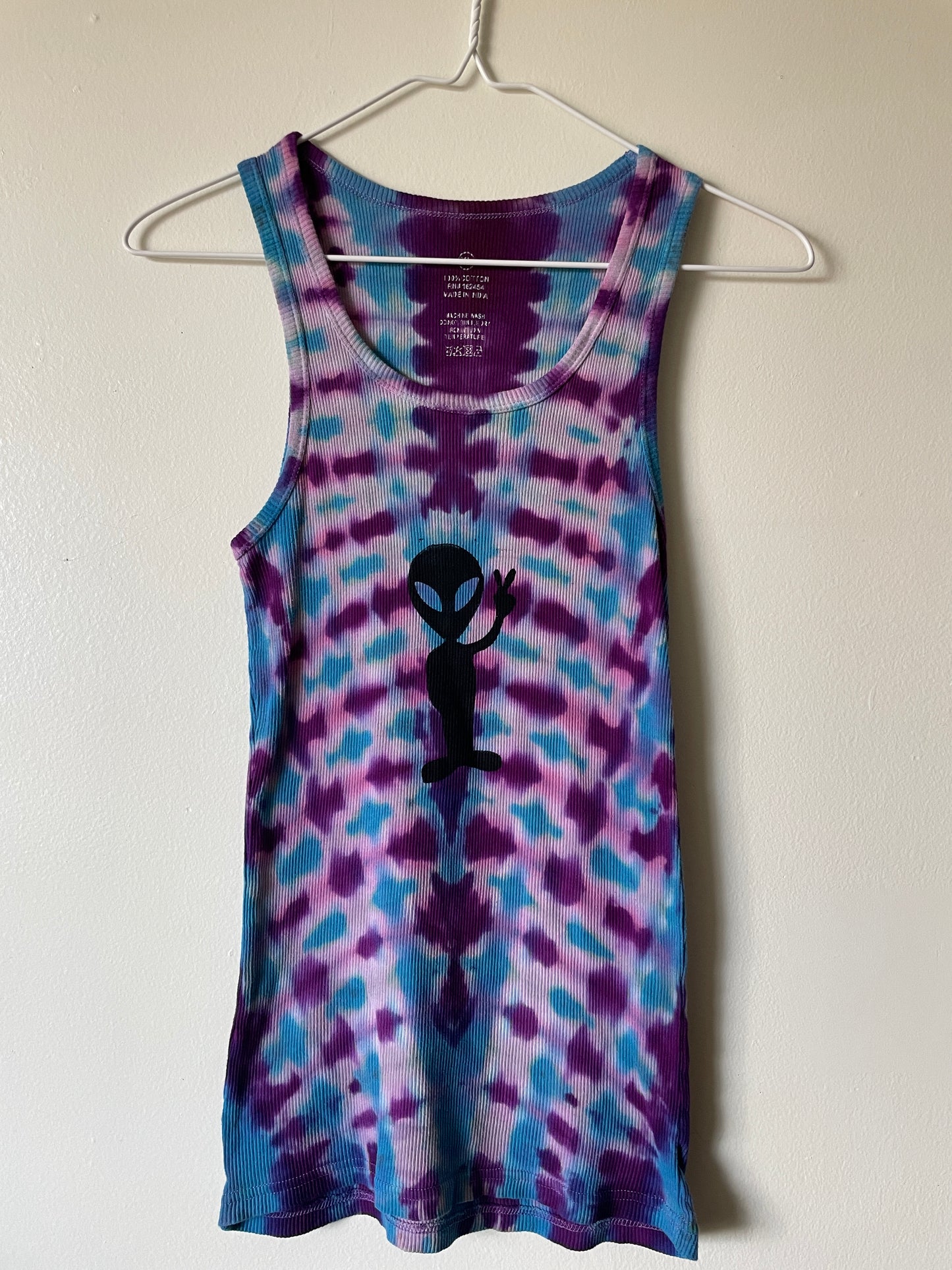 XL Women's Groovy Alien Handmade Tie Dye Tank Top | One-Of-a-Kind Upcycled Blue and Purple Pleated Sleeveless Top