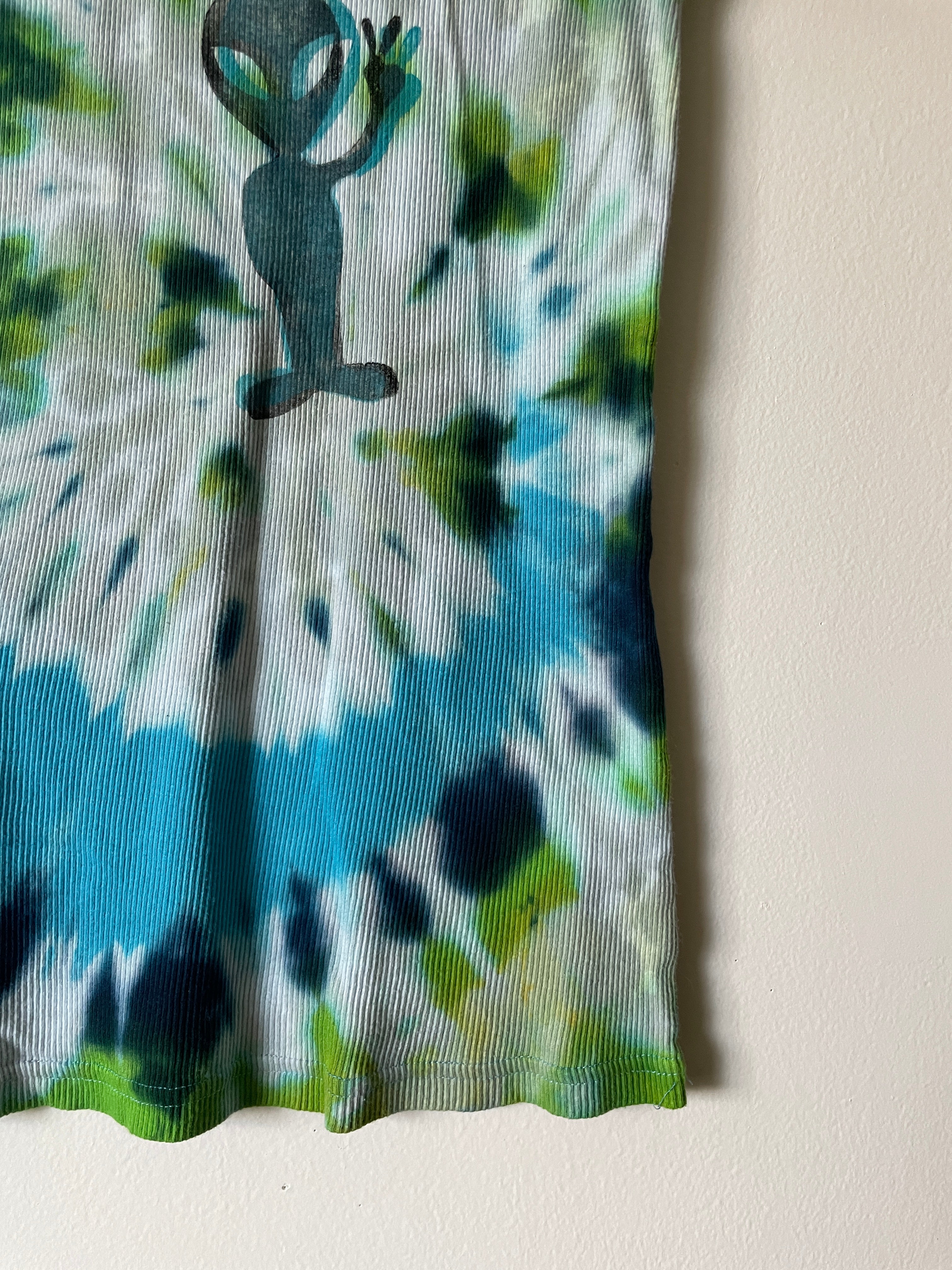 XL Women's Groovy Alien Handmade Tie Dye Tank Top | One-Of-a-Kind Upcycled Blue and Green Spiral Sleeveless Top