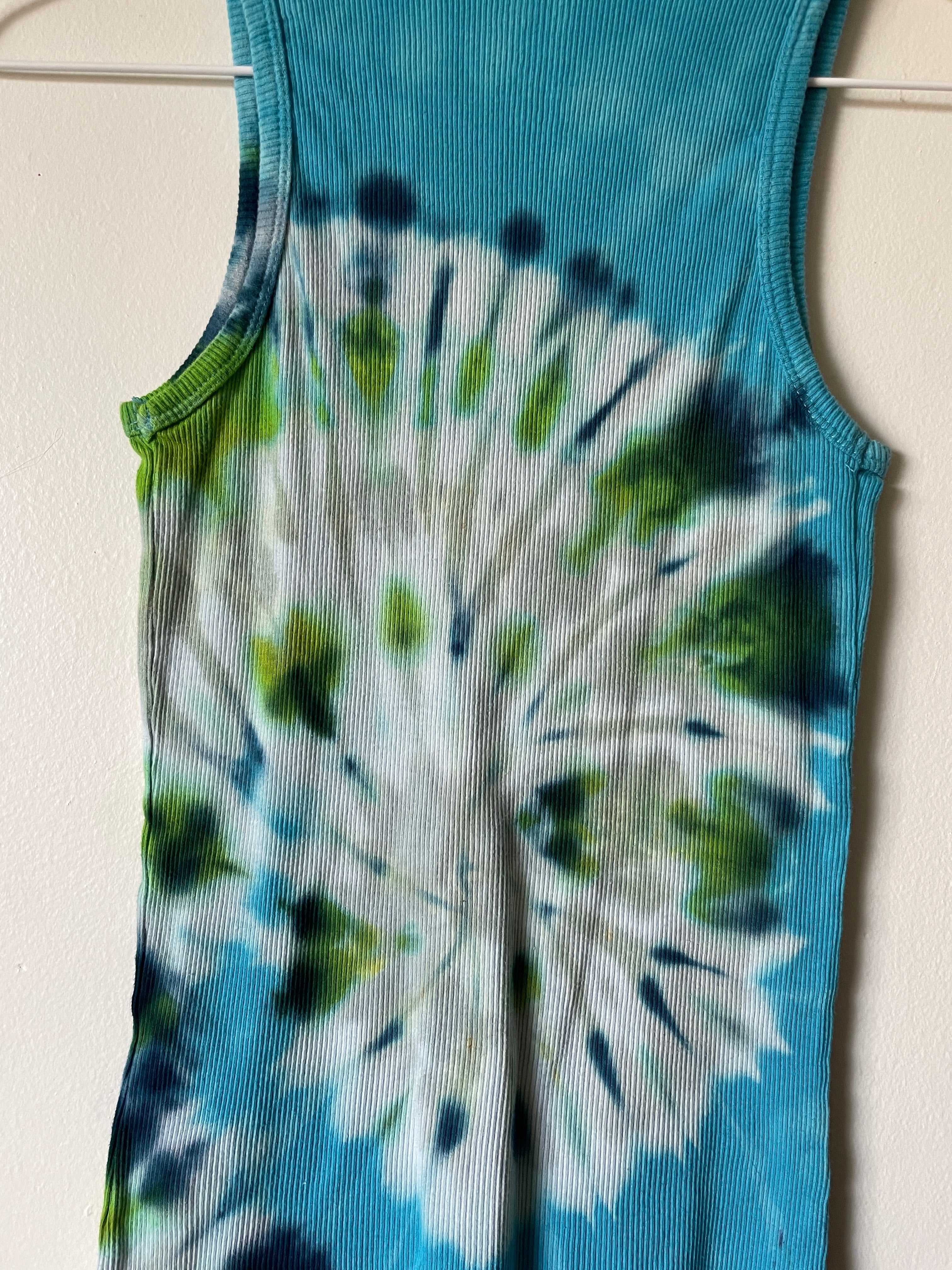 XL Women's Groovy Alien Handmade Tie Dye Tank Top | One-Of-a-Kind Upcycled Blue and Green Spiral Sleeveless Top