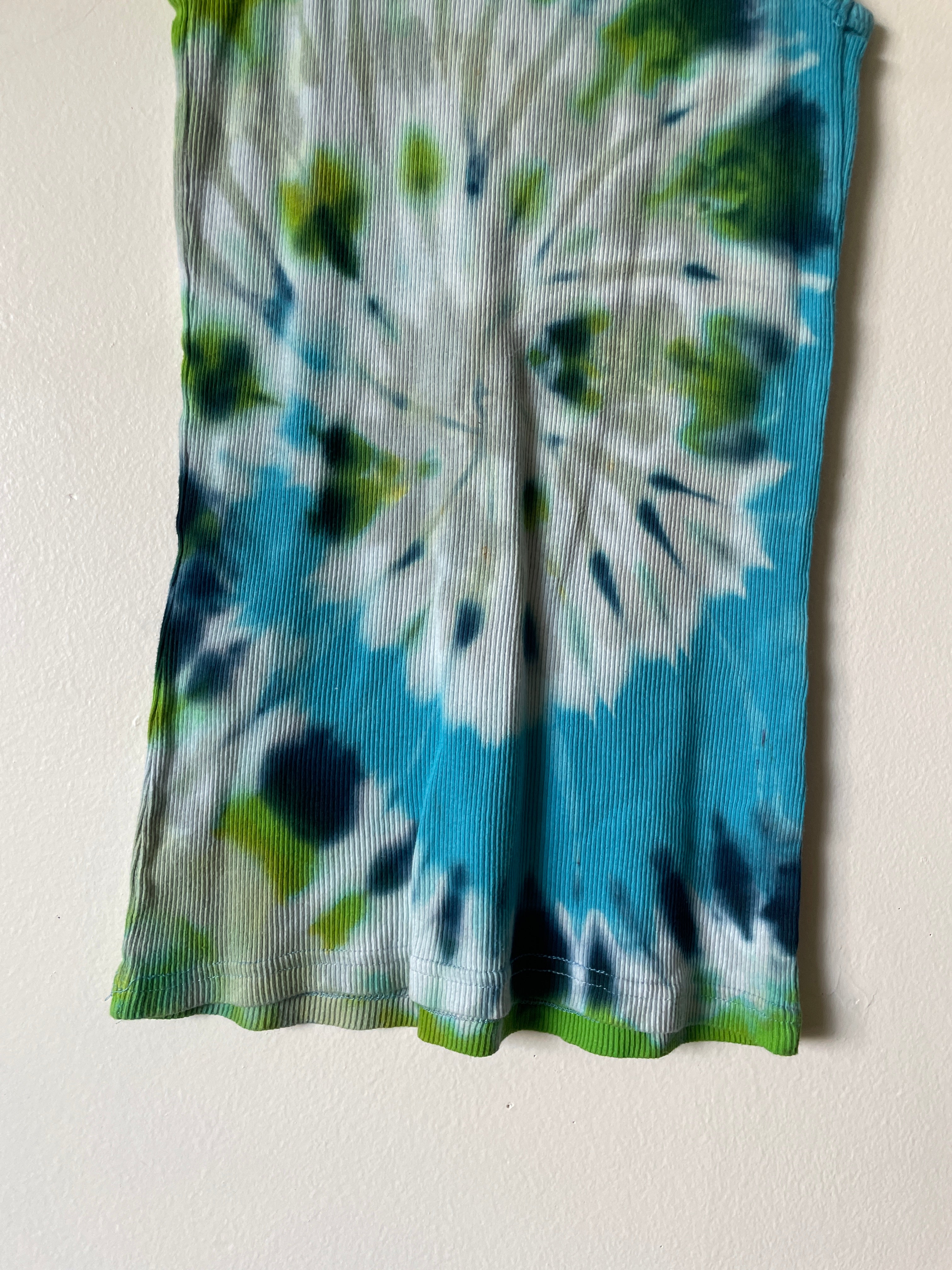 XL Women's Groovy Alien Handmade Tie Dye Tank Top | One-Of-a-Kind Upcycled Blue and Green Spiral Sleeveless Top