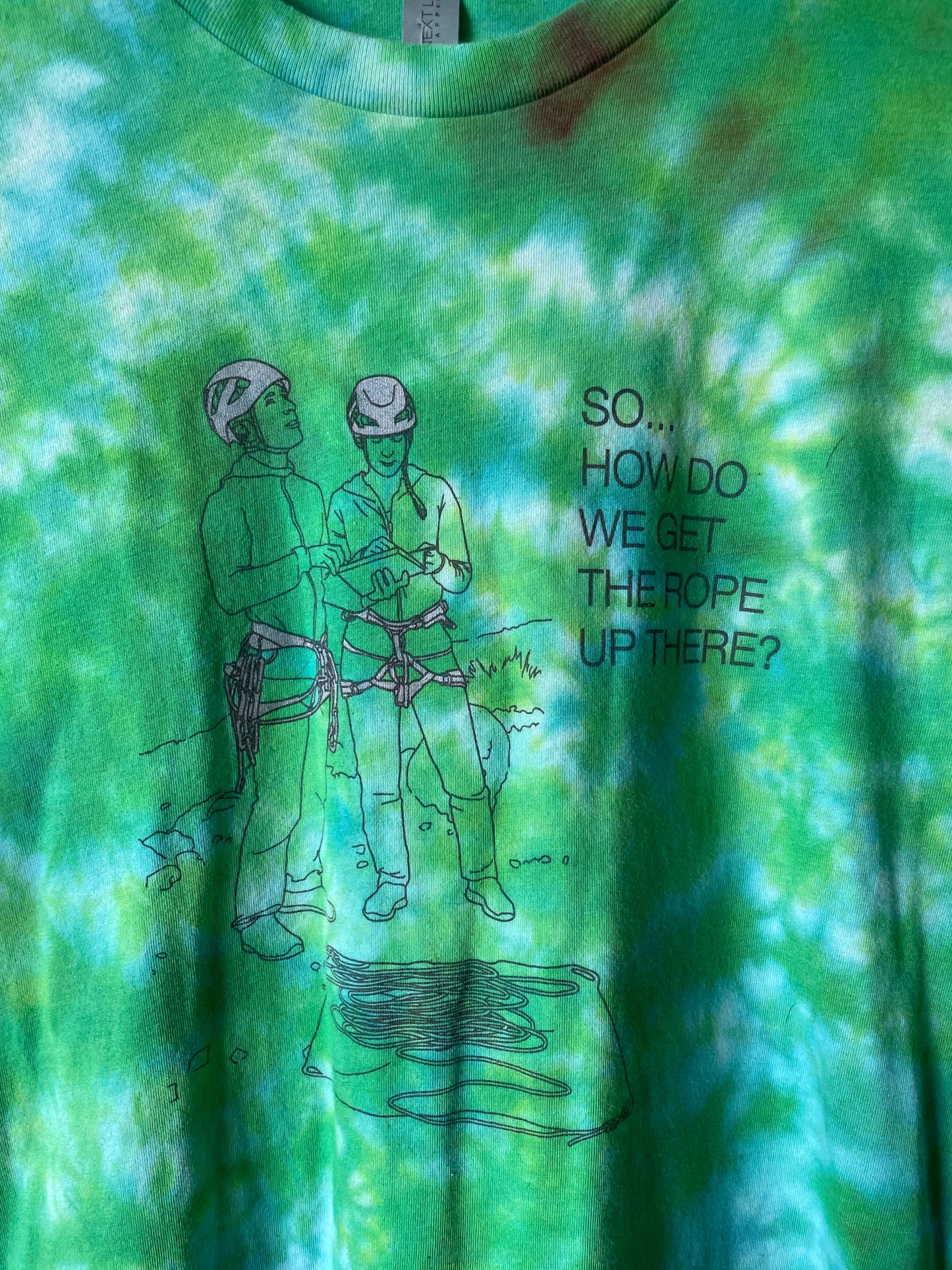Medium Men's How Do We Get the Rope Up There? Rock Climbing Handmade Tie Dye Short Sleeve T-Shirt | One-Of-a-Kind Upcycled Green and White Tie Dye Top