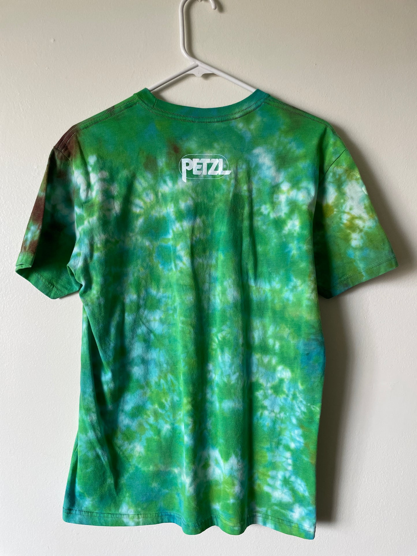 Medium Men's How Do We Get the Rope Up There? Rock Climbing Handmade Tie Dye Short Sleeve T-Shirt | One-Of-a-Kind Upcycled Green and White Tie Dye Top