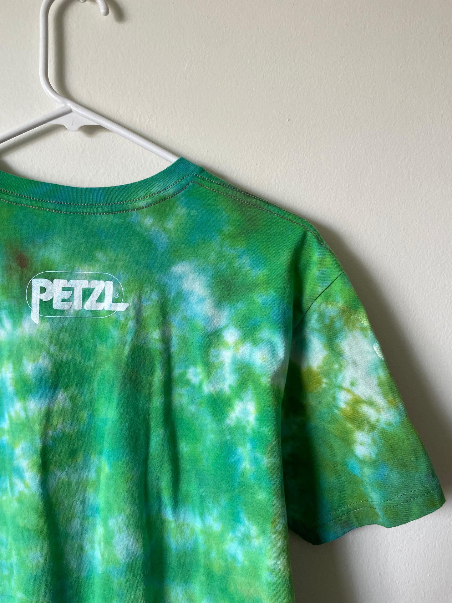 Medium Men's How Do We Get the Rope Up There? Rock Climbing Handmade Tie Dye Short Sleeve T-Shirt | One-Of-a-Kind Upcycled Green and White Tie Dye Top