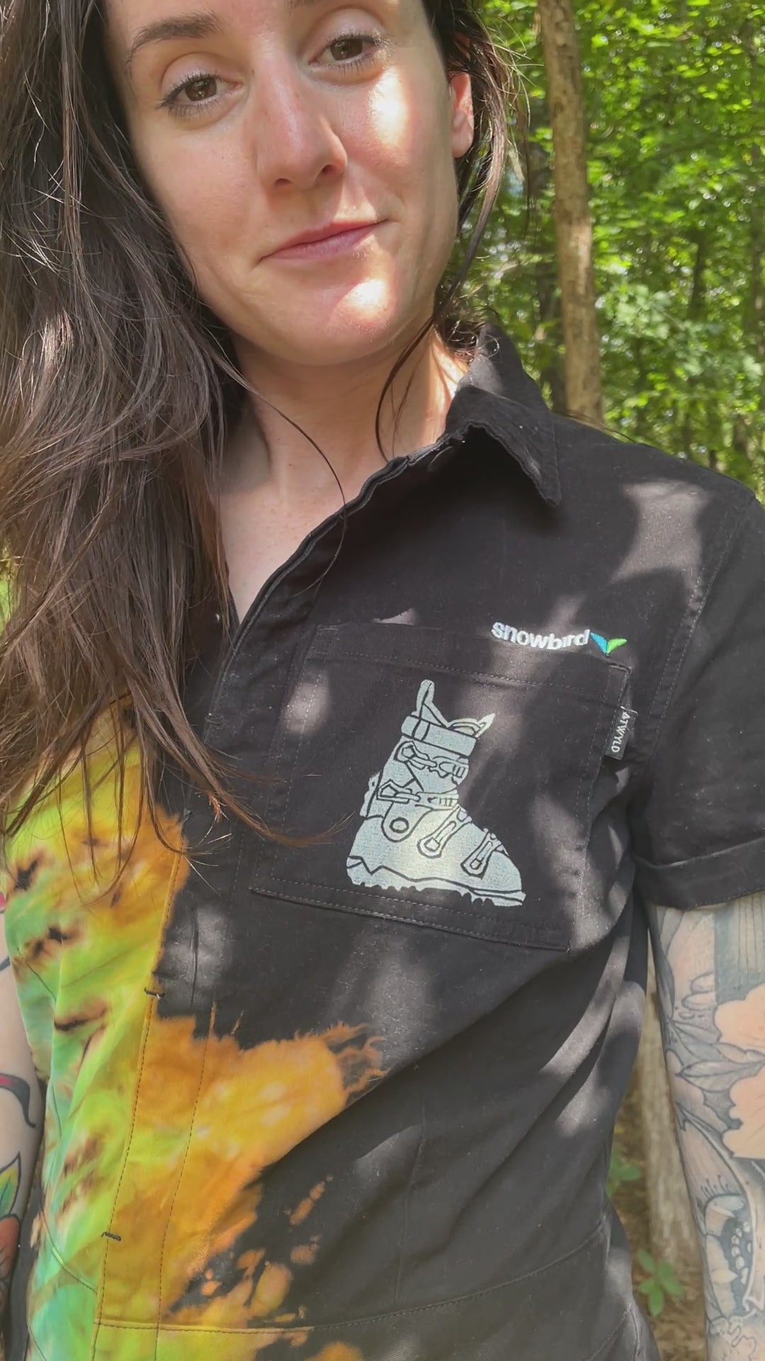 LARGE Women's Snowbird Handmade Tie Dye Jumpsuit (WITH POCKETS) | One-of-a-Kind Short Sleeve Black and Green Jumpsuit with Ski Boot Block Print