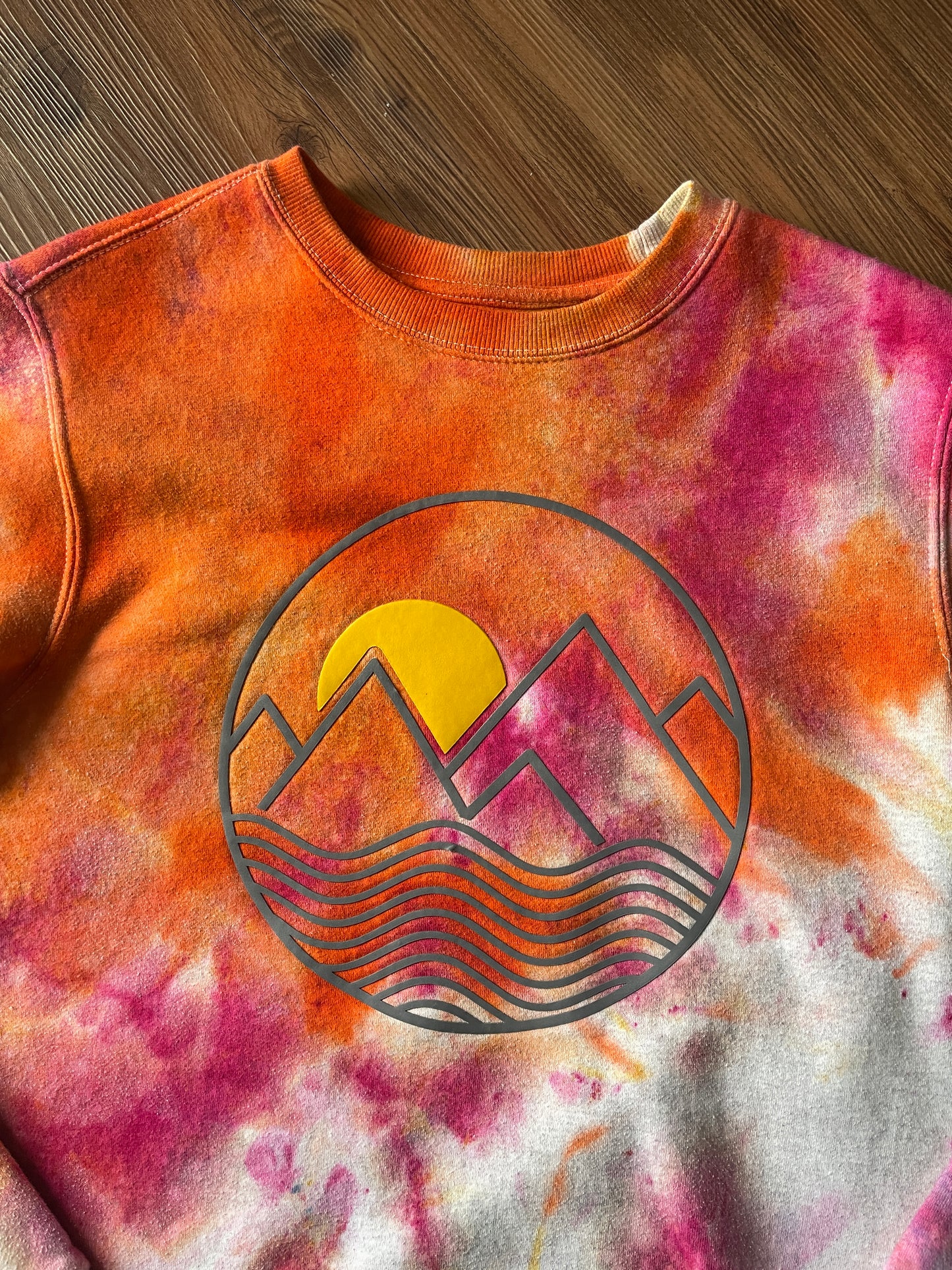 MEDIUM Unisex Mountain Sunrise Handmade Tie Dye Sweatshirt | Orange and Pink Ice Dye Galaxy Long Sleeve