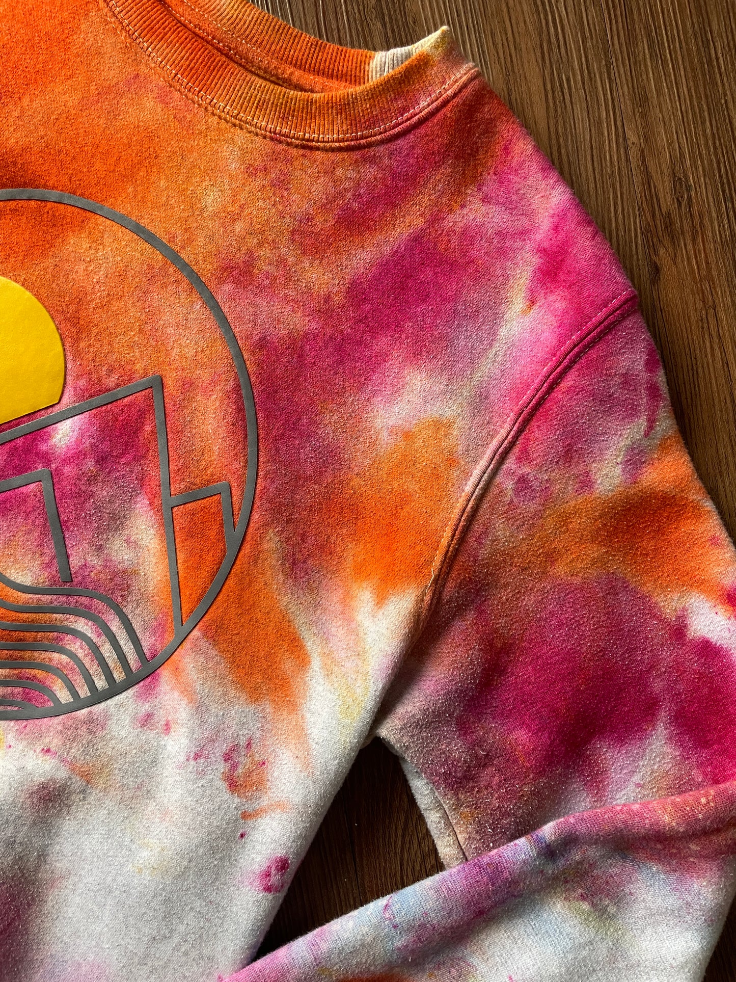 MEDIUM Unisex Mountain Sunrise Handmade Tie Dye Sweatshirt | Orange and Pink Ice Dye Galaxy Long Sleeve