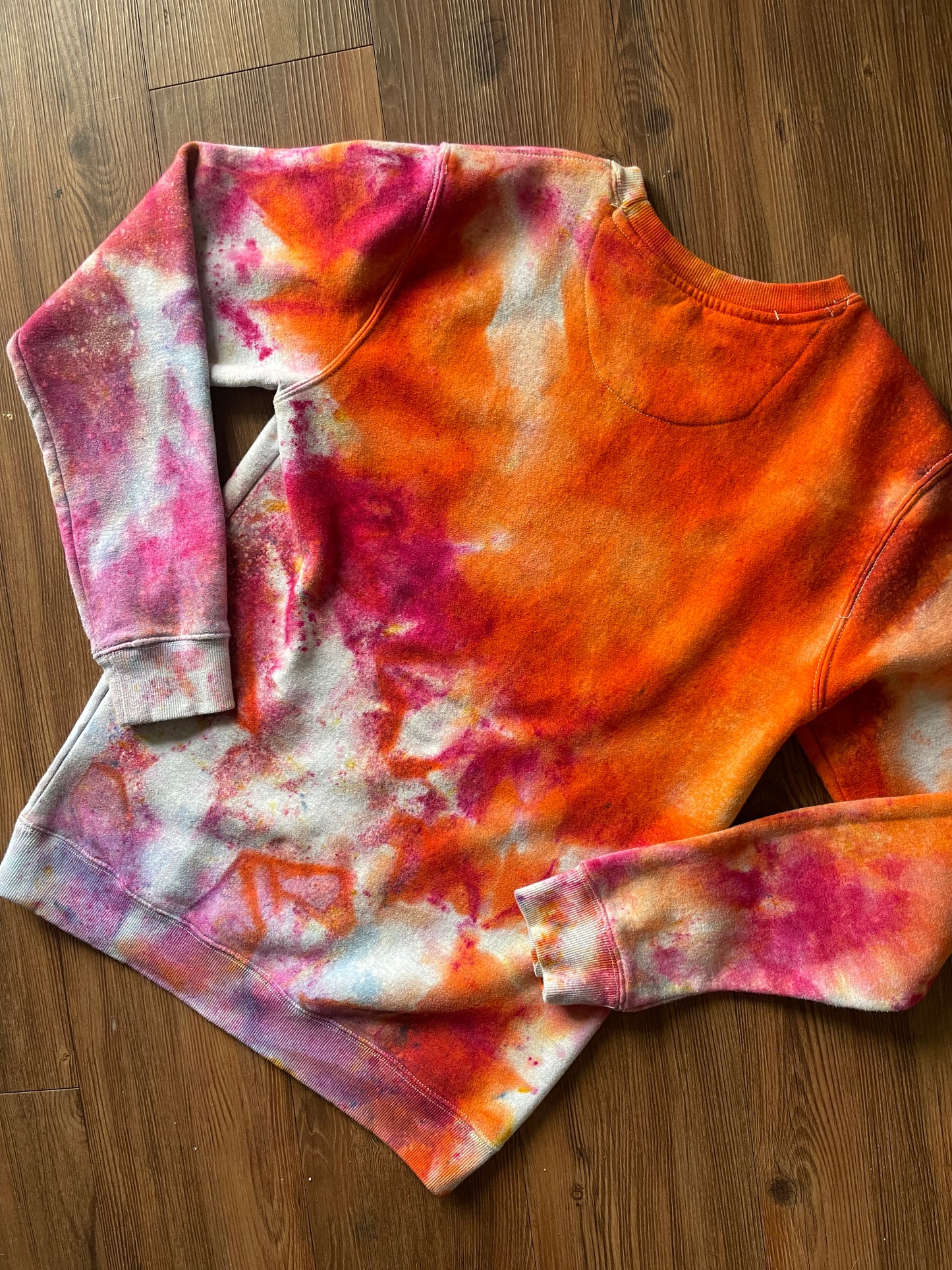 MEDIUM Unisex Mountain Sunrise Handmade Tie Dye Sweatshirt | Orange and Pink Ice Dye Galaxy Long Sleeve