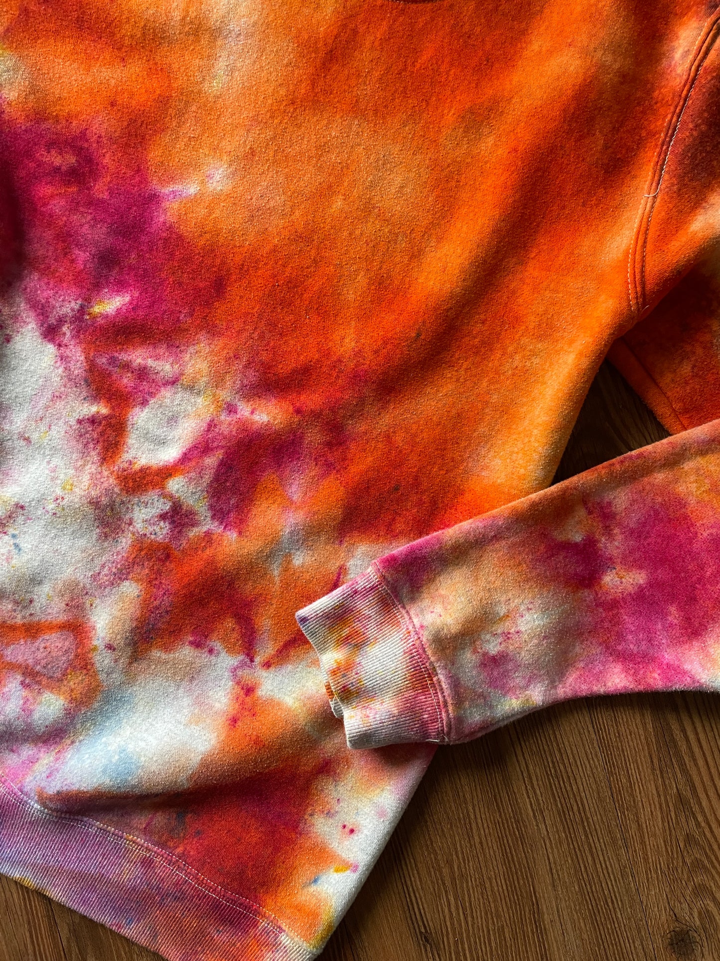 MEDIUM Unisex Mountain Sunrise Handmade Tie Dye Sweatshirt | Orange and Pink Ice Dye Galaxy Long Sleeve