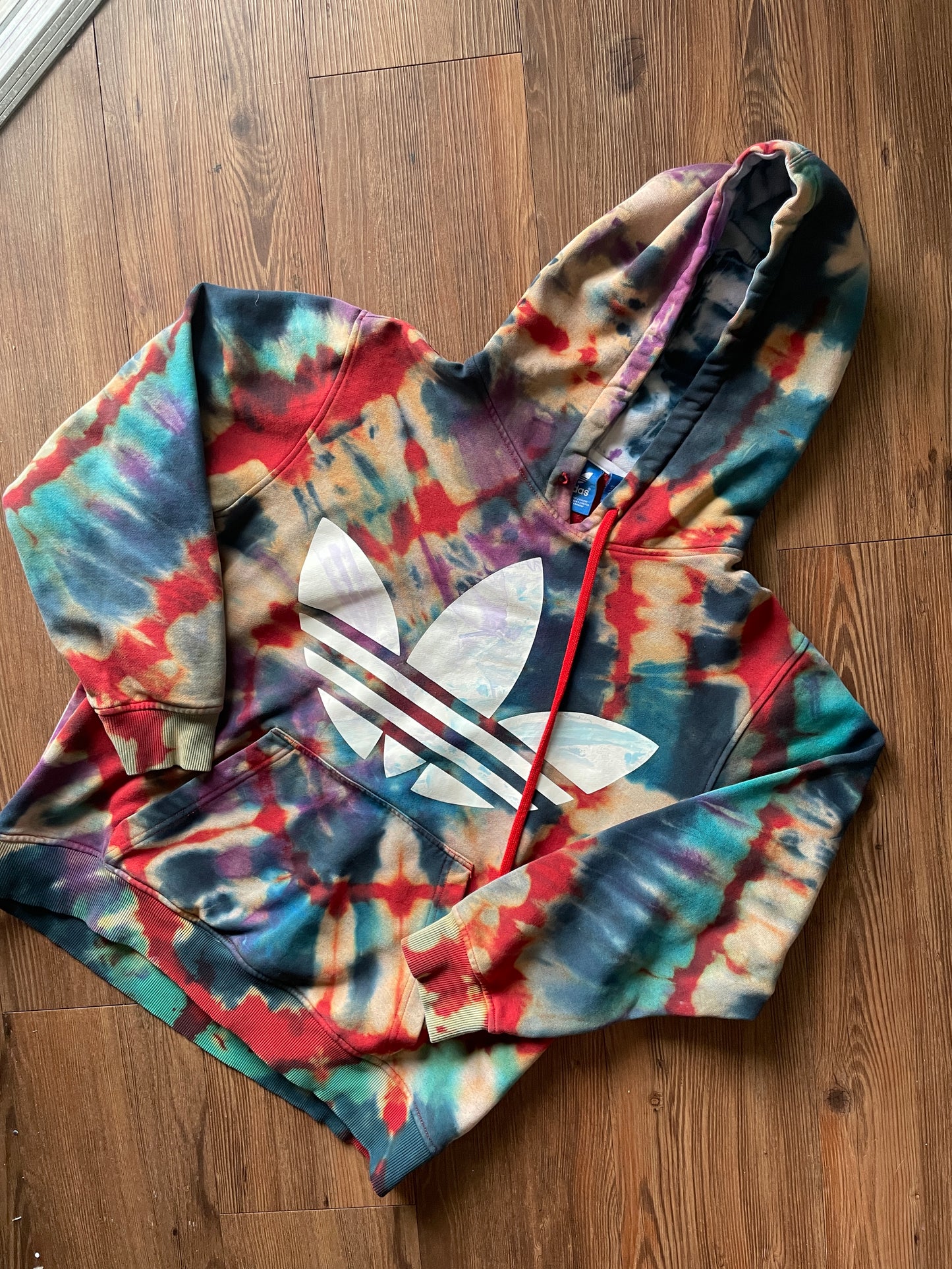 MEDIUM Men’s adidas Red, White, and Blue Handmade Tie Dye Sweatshirt | Three Stripes Hoodie