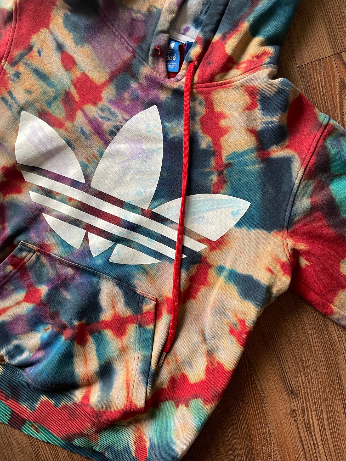 MEDIUM Men’s adidas Red, White, and Blue Handmade Tie Dye Sweatshirt | Three Stripes Hoodie