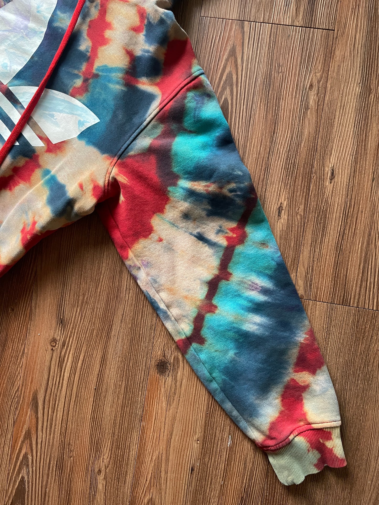 MEDIUM Men’s adidas Red, White, and Blue Handmade Tie Dye Sweatshirt | Three Stripes Hoodie