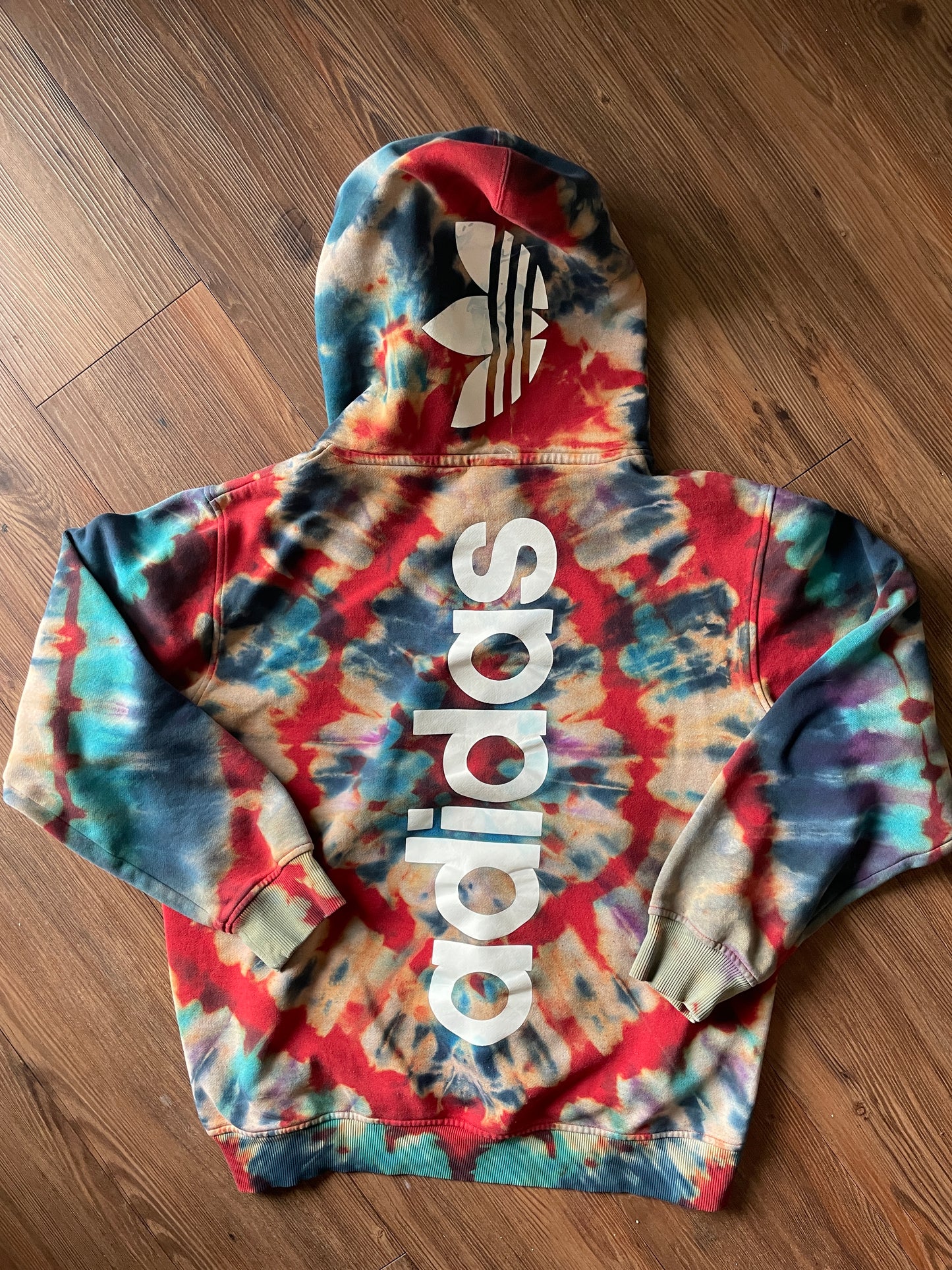 MEDIUM Men’s adidas Red, White, and Blue Handmade Tie Dye Sweatshirt | Three Stripes Hoodie