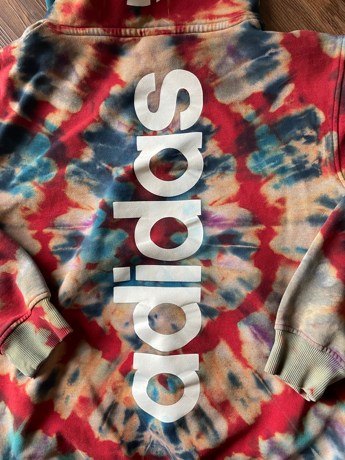 MEDIUM Men’s adidas Red, White, and Blue Handmade Tie Dye Sweatshirt | Three Stripes Hoodie