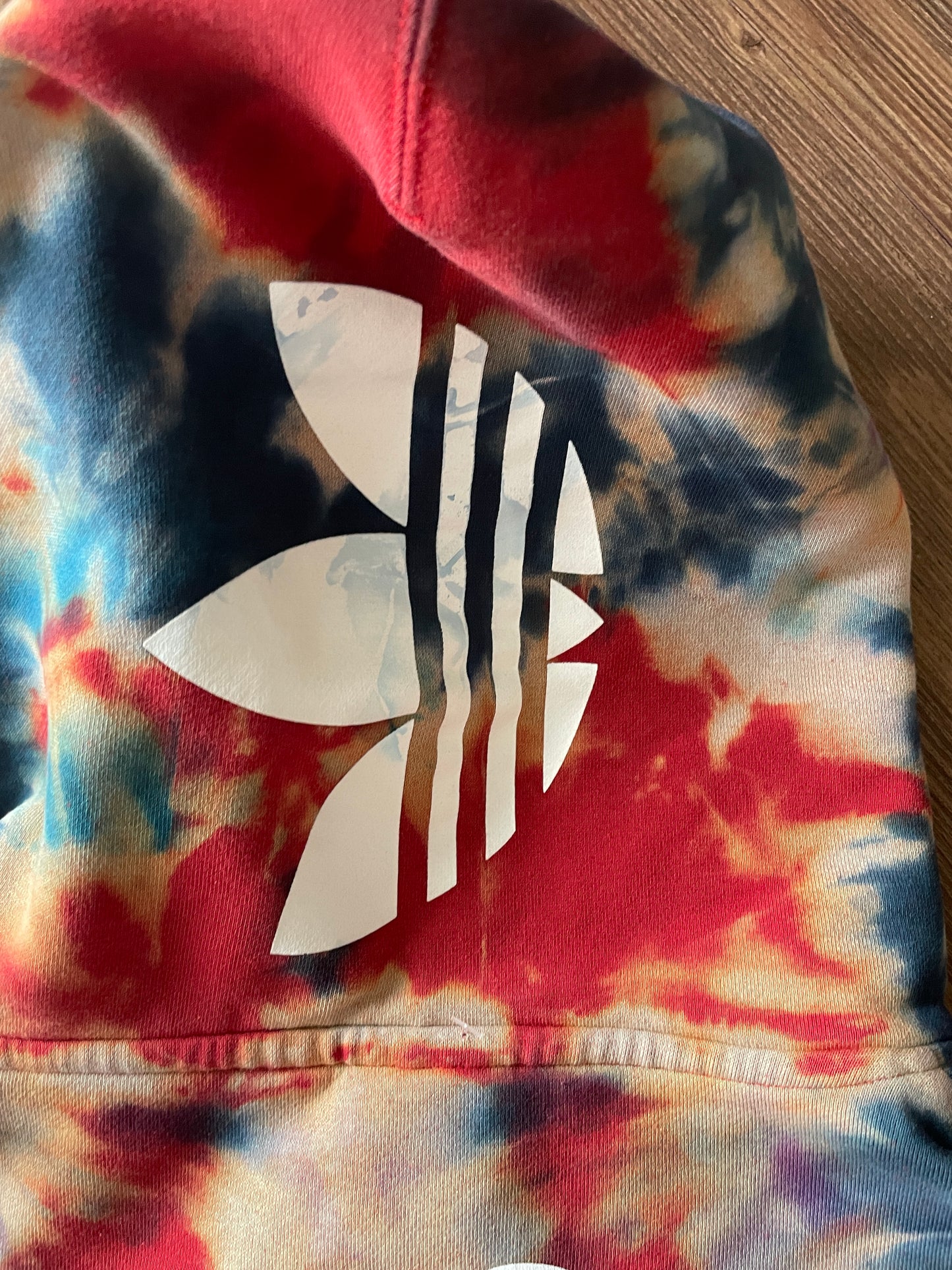MEDIUM Men’s adidas Red, White, and Blue Handmade Tie Dye Sweatshirt | Three Stripes Hoodie