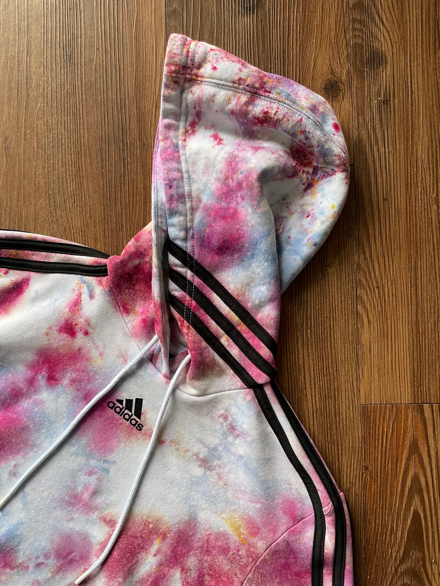 MEDIUM Women’s adidas Pastel Galaxy Handmade Tie Dye Cropped Length Sweatshirt | Pastel Pink and Purple Ice Dye Long Sleeve Hoodie