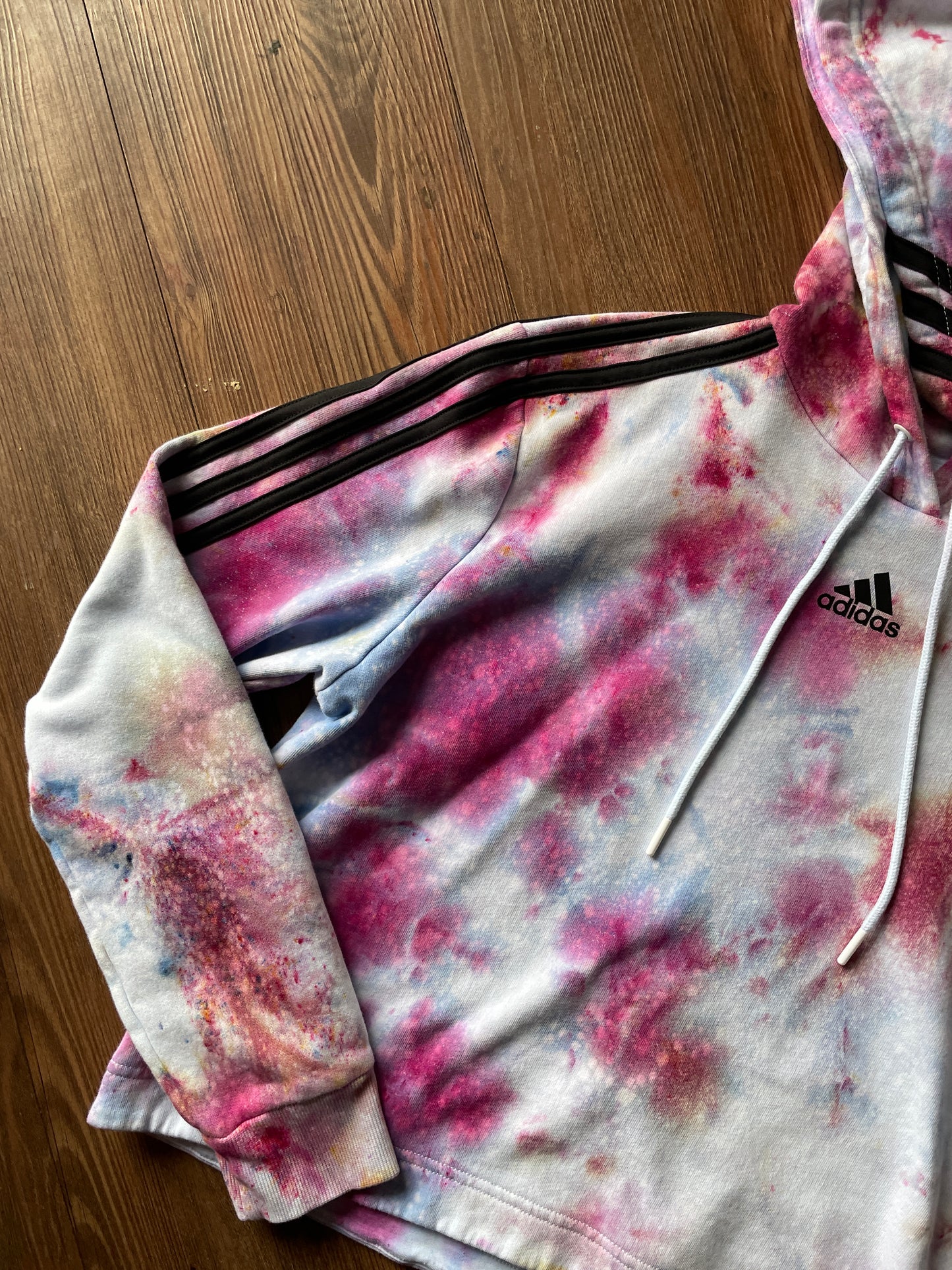 MEDIUM Women’s adidas Pastel Galaxy Handmade Tie Dye Cropped Length Sweatshirt | Pastel Pink and Purple Ice Dye Long Sleeve Hoodie